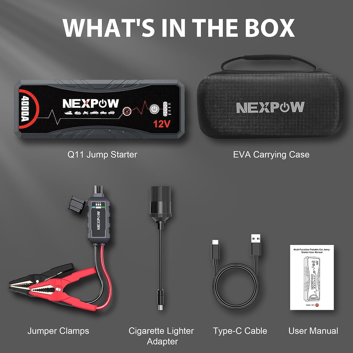 NEXPOW Car Jump Starter,Car Battery Jump Starter 4000A Peak Q11 Pack for Up to All Gas and 10.0L Diesel Engine 12V Auto Battery Booster,Jumper Cables,Portable Lithium Jump Box with LED Light/USB QC3.0