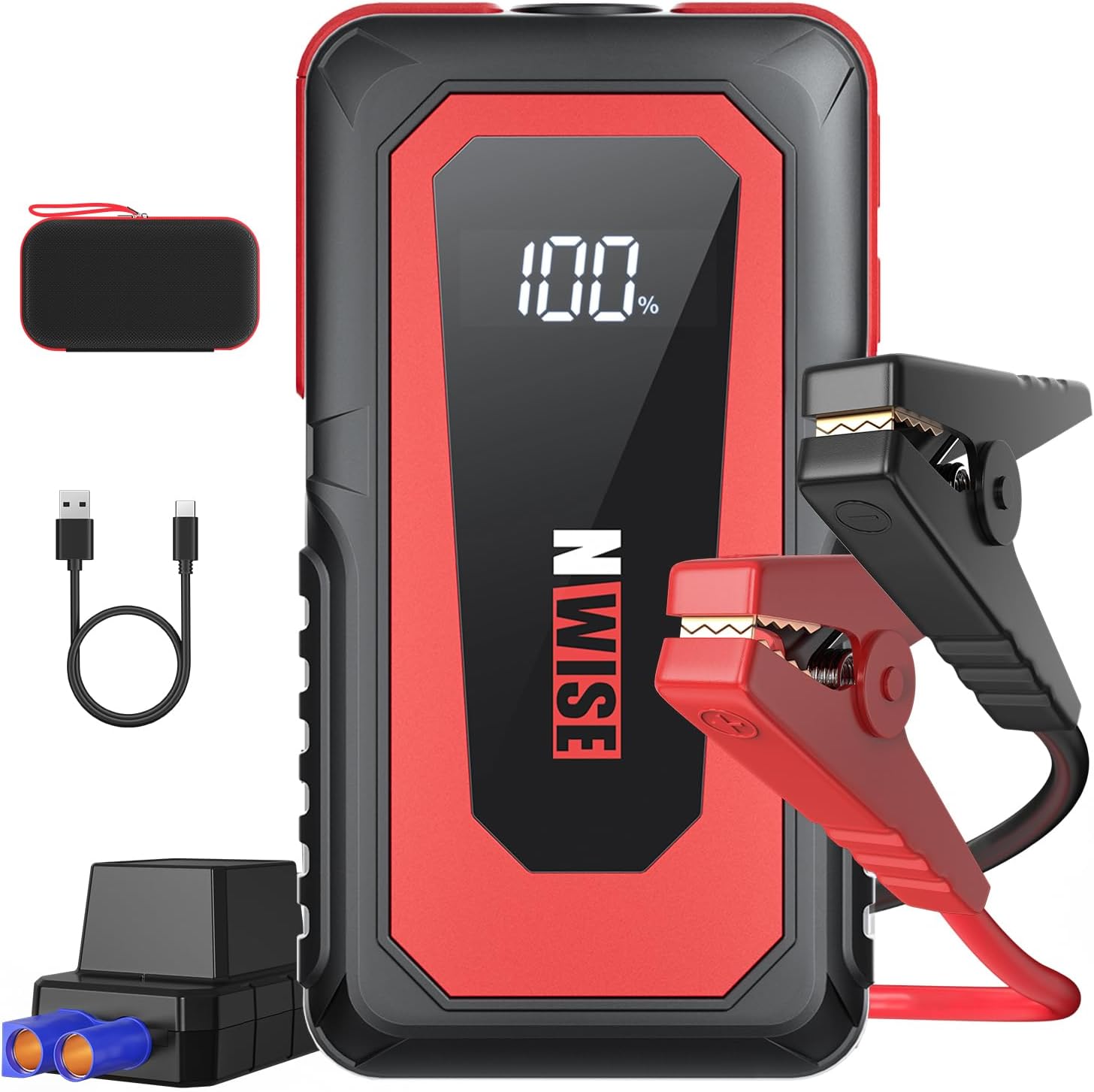 NWISE Car Jump Starter, 2000A Peak 20000mAh Portable Battery Starter (Up to 8.0L Gas or 7.0L Diesel Engine) with Smart Safety Jumper Clamps,12V Jump Boxes with Dual USB Quick Charge 3.0, LED Light