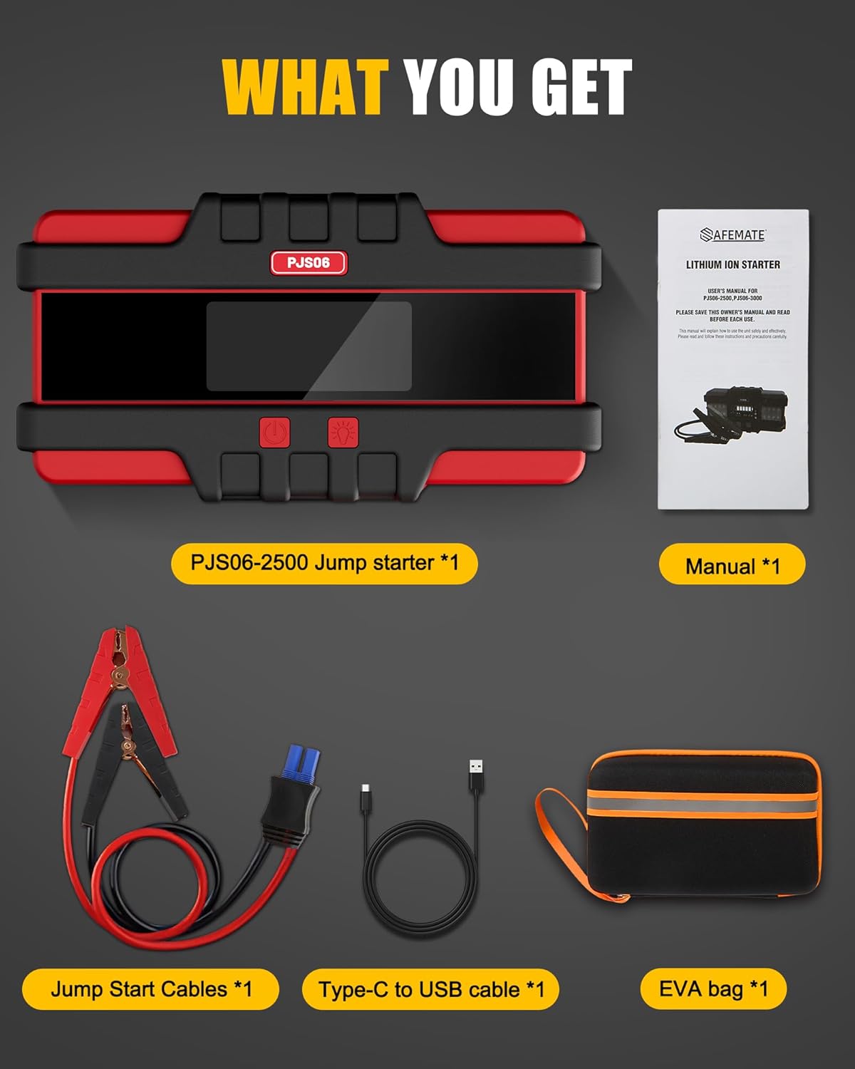 PJS06 2500A Car Battery Jump Starter, Portable 12v Battery Booster, Jump Box and Charger, with Voltage Detection, Built-in Protection and LED Warning Light for 8.0l Gas and 6.5l Diesel