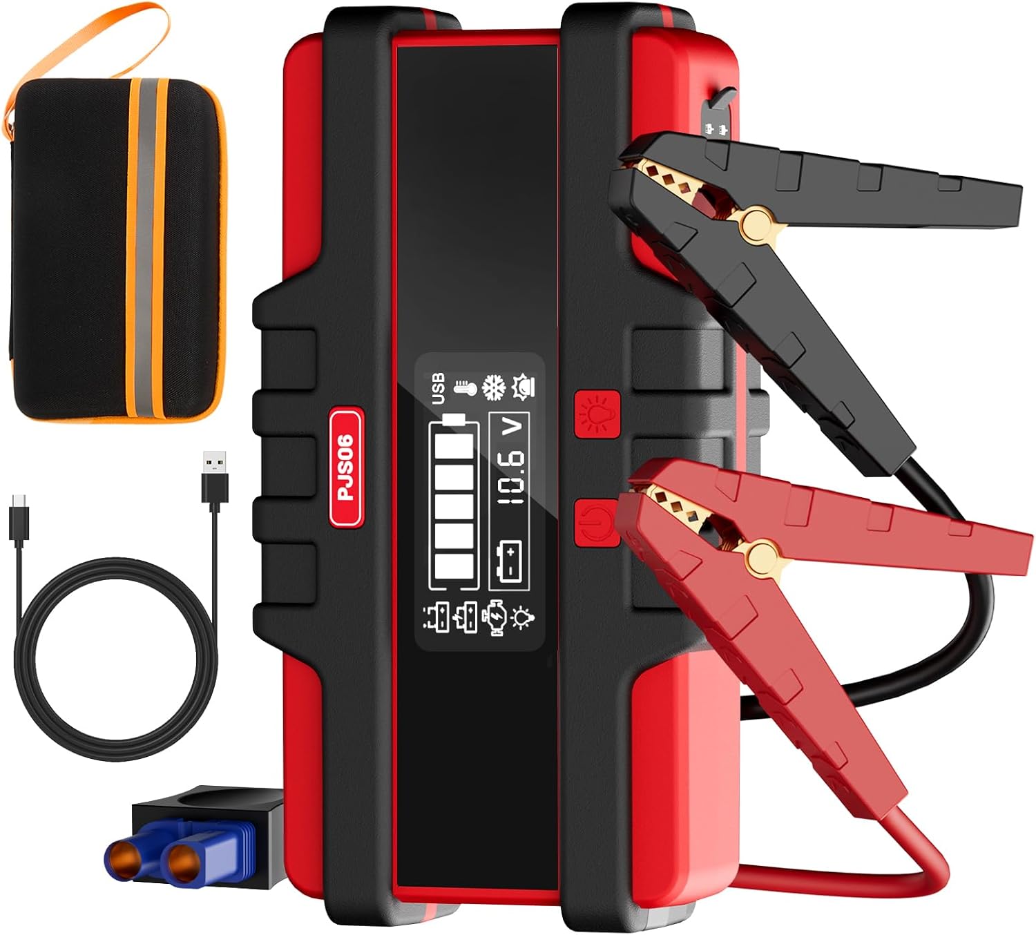 PJS06 2500A Car Battery Jump Starter, Portable 12v Battery Booster, Jump Box and Charger, with Voltage Detection, Built-in Protection and LED Warning Light for 8.0l Gas and 6.5l Diesel