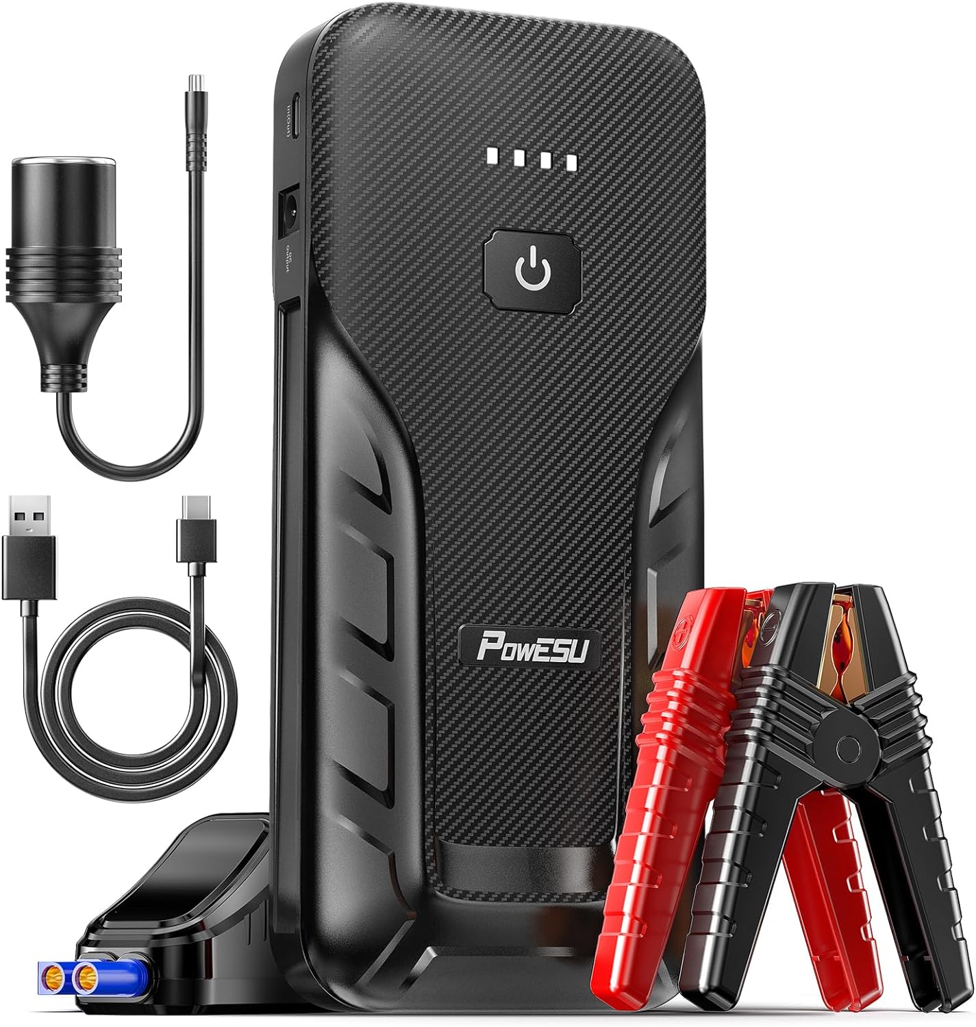 Portable Car Jump Starter - 5000A Peak Current (Up to All Gas or 10L Diesel Engine) 12V Auto Battery Booster Portable Power Pack with Indicator Light Jumper Cables, QC 3.0 and LED Light