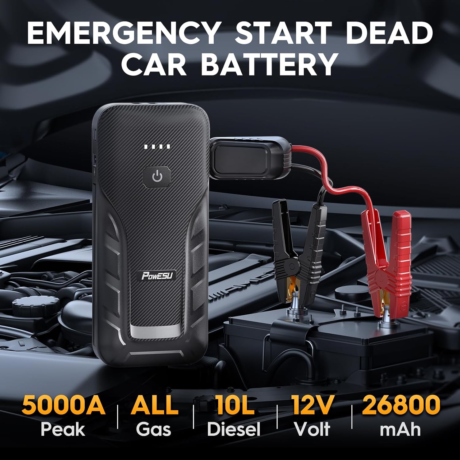 Portable Car Jump Starter - 5000A Peak Current (Up to All Gas or 10L Diesel Engine) 12V Auto Battery Booster Portable Power Pack with Indicator Light Jumper Cables, QC 3.0 and LED Light