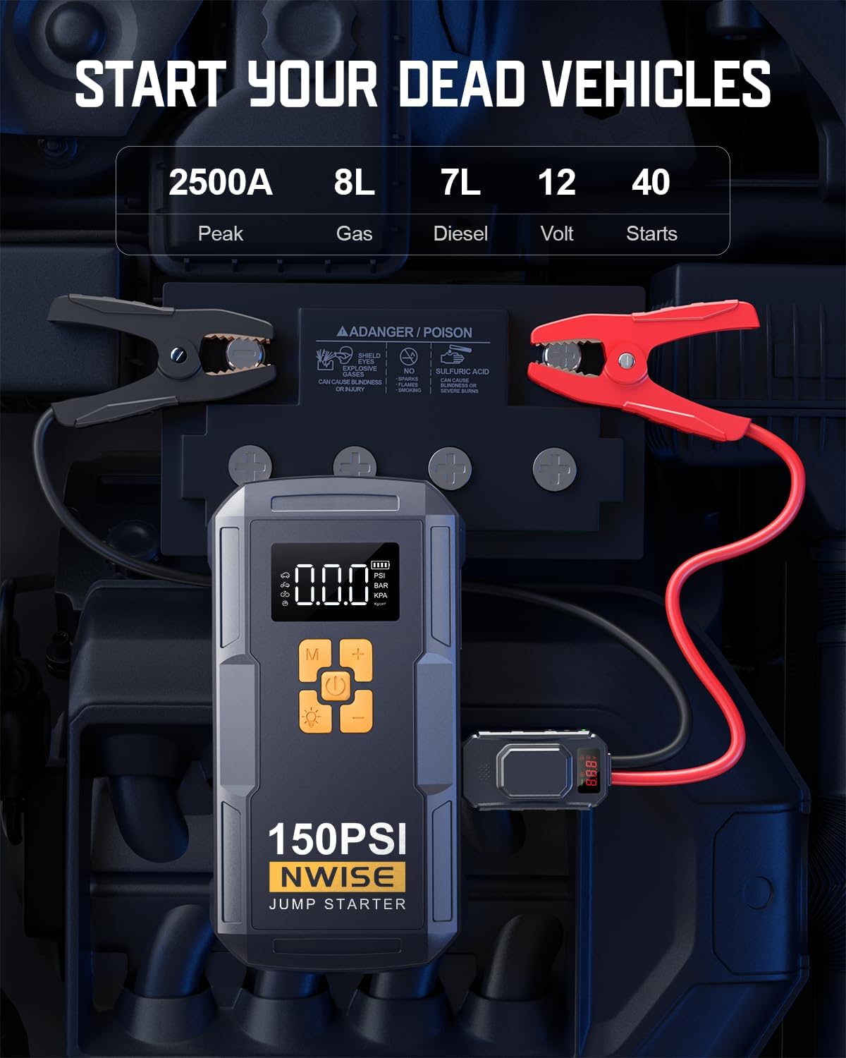 Portable Car Jump Starter with Air Compressor, 150PSI 2500A Jump Box Battery Pack (Up to 8L Gas/7L Diesel Engines) with Digital Tire Inflator,12V Booster Pack with Large LCD Display, Emergency Light