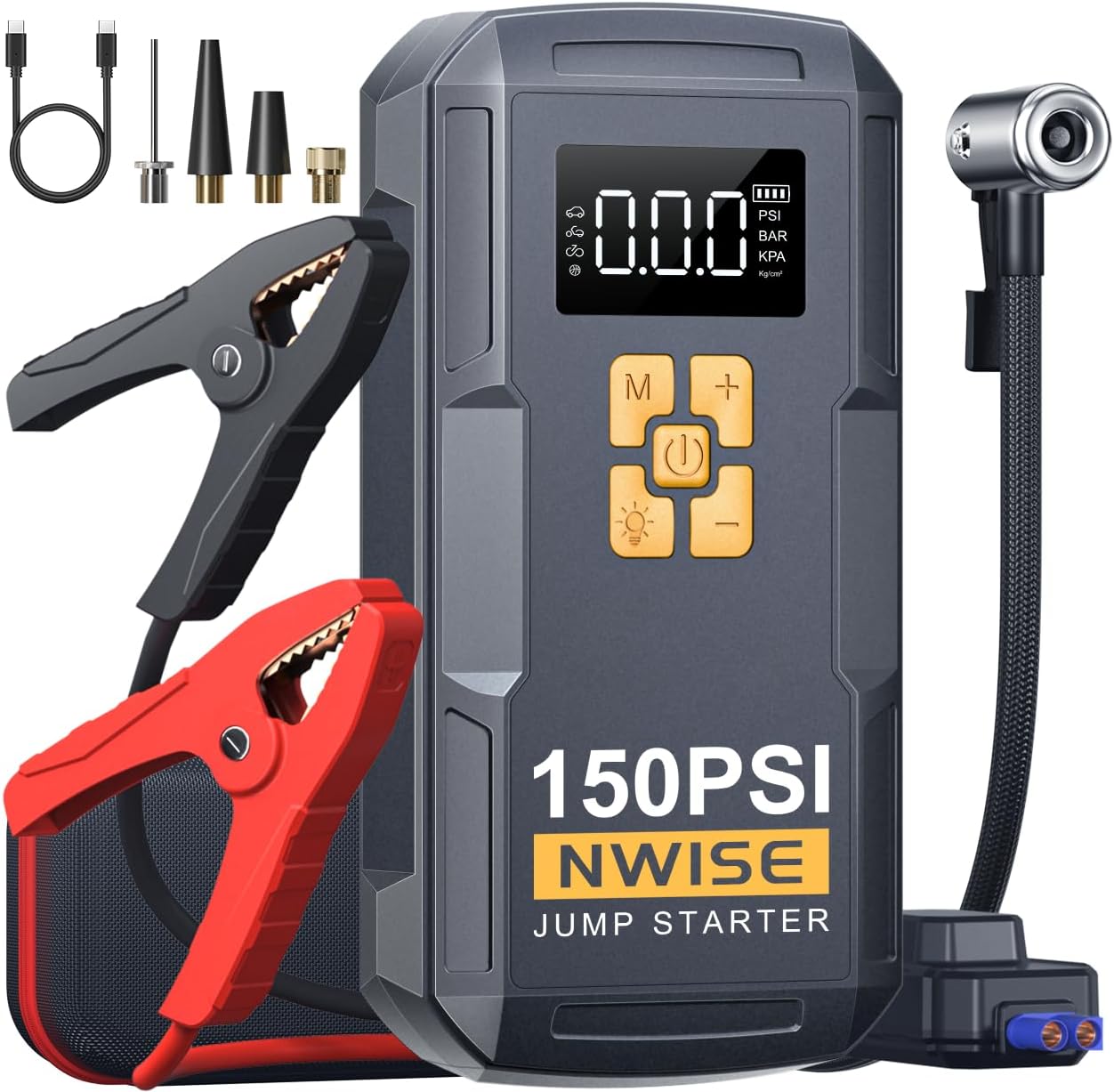 Portable Car Jump Starter with Air Compressor, 150PSI 2500A Jump Box Battery Pack (Up to 8L Gas/7L Diesel Engines) with Digital Tire Inflator,12V Booster Pack with Large LCD Display, Emergency Light