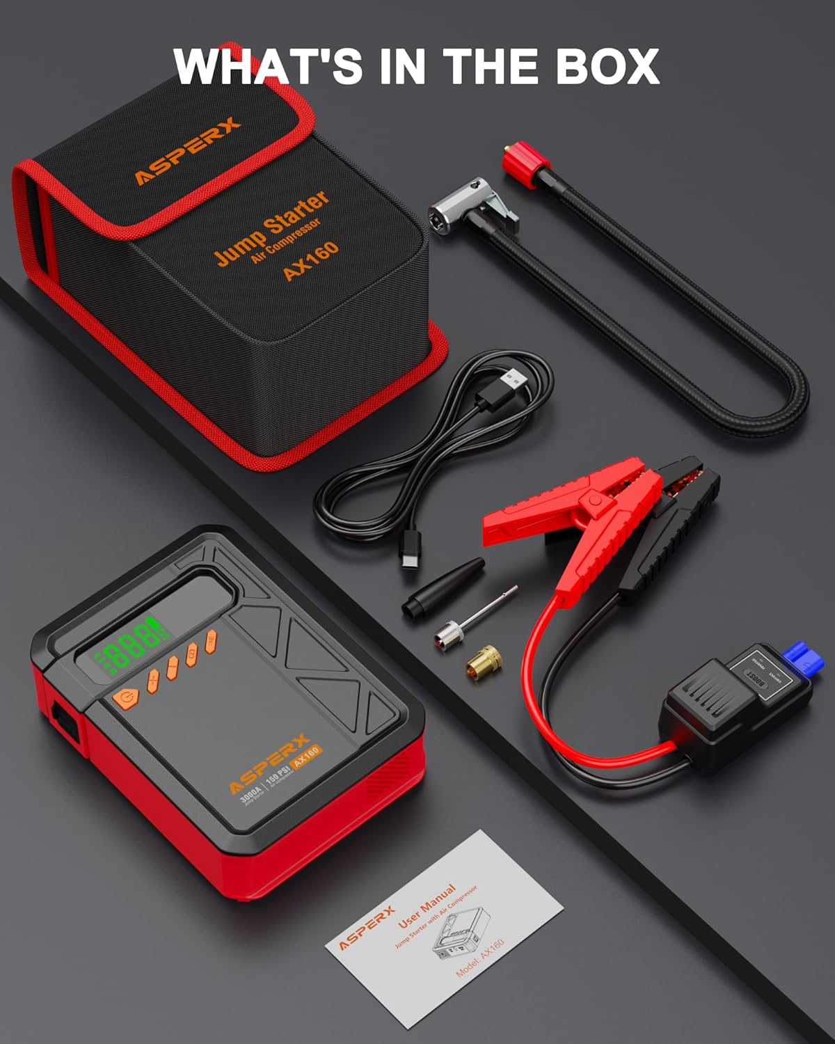 Portable Car Jump Starter with Air Compressor, 3000A Jumper Starter Car Battery Pack(9.0 Gas/7.0L Diesel), 150PSI Cordless Tire Inflator, 12V Jump Box Car Battery Charger Booster with Storage Bag