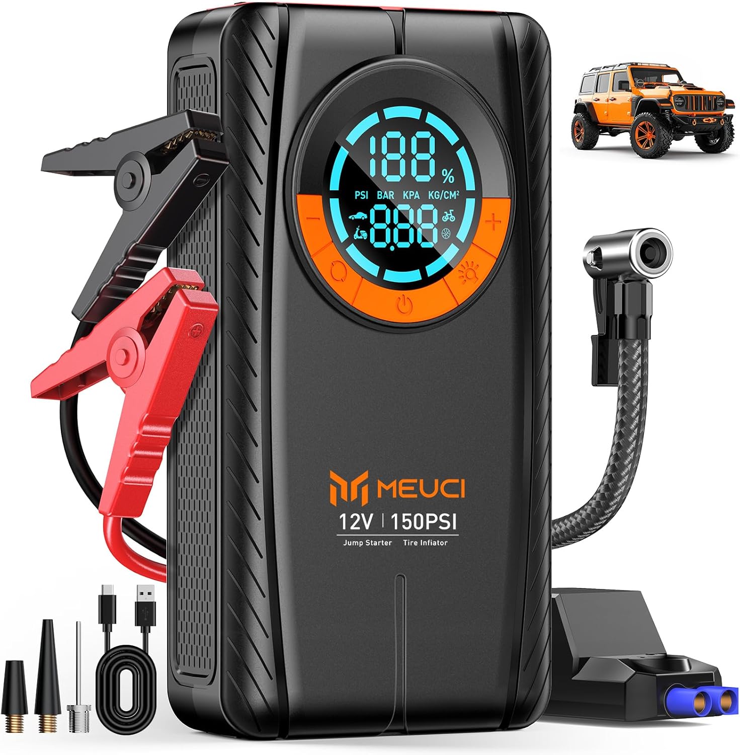 Portable Car Jump Starter with Air Compressor - 3500A Car Battery Jump Starter (9.0 Gas/8.0L Diesel), 12V Car Jumper Starter Portable, Jump Box with Smart Jumper Cables, Tire Inflator, LED Light