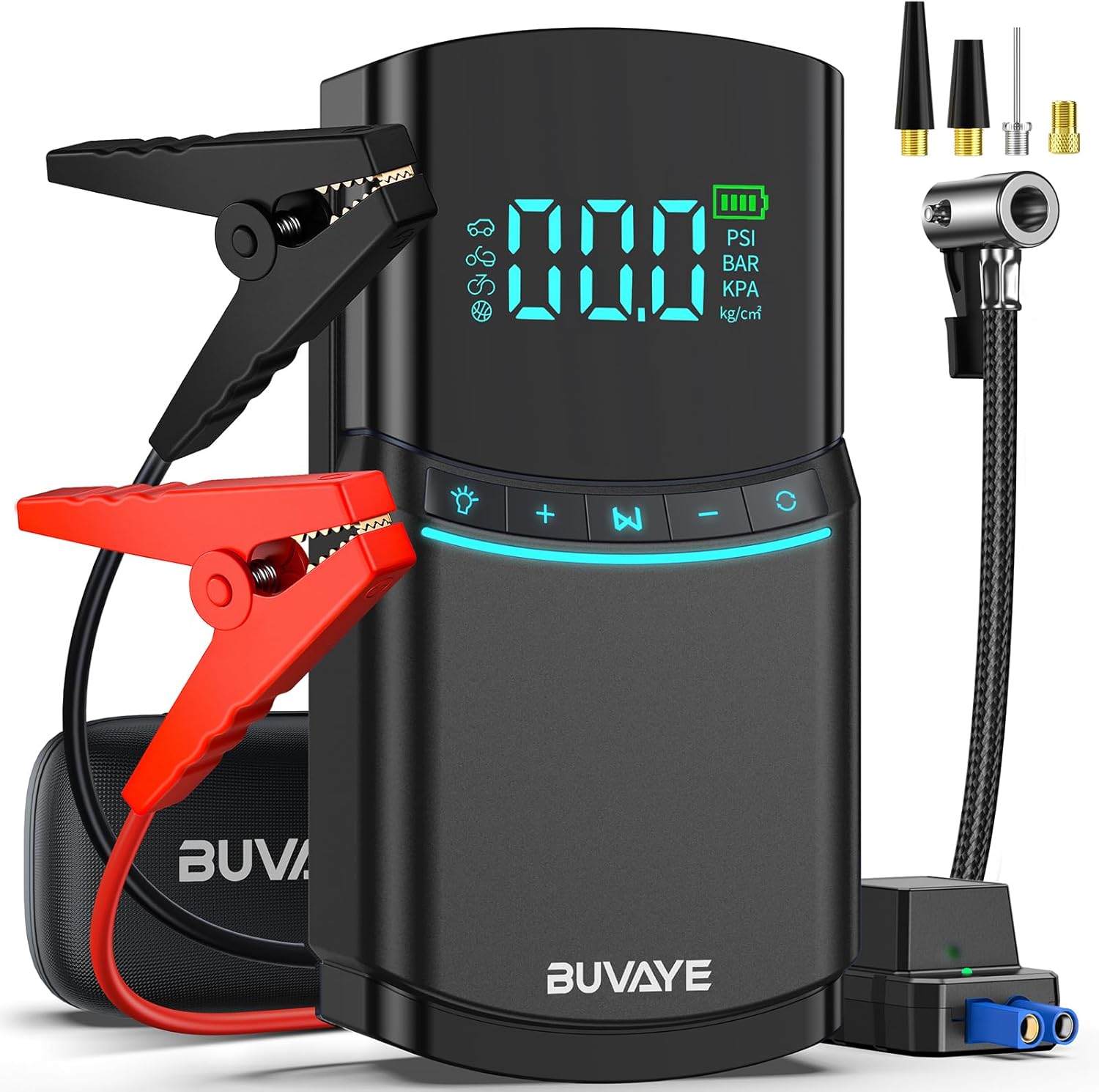 Portable Car Jump Starter with Air Compressor, 4000A Jump Box for Car Battery Charger (All Gas/5L Diesel), 12V Auto Battery Booster Pack w EVA Bag, Jumper Cable, LCD Display, Light, Power Bank (Black)