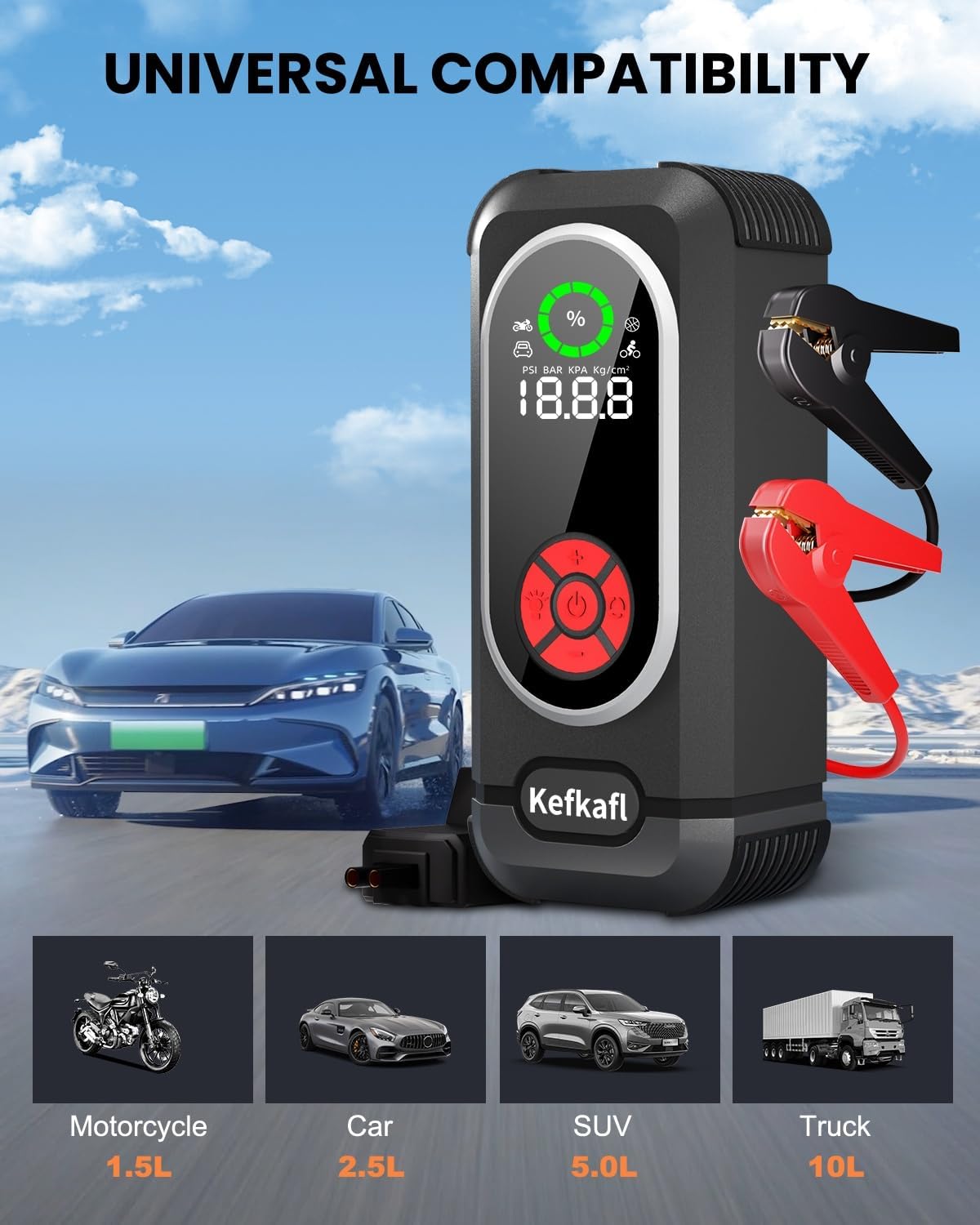 Portable Car Jump Starter with Air Compressor, Kefkafl 4500A 150PSI Car Battery Jump Starter Battery Pack (10.0L Gas/10.0L Diesel), 12V Jump Box with Tire Inflator, FlashLight, Display, Power Bank ﻿ 