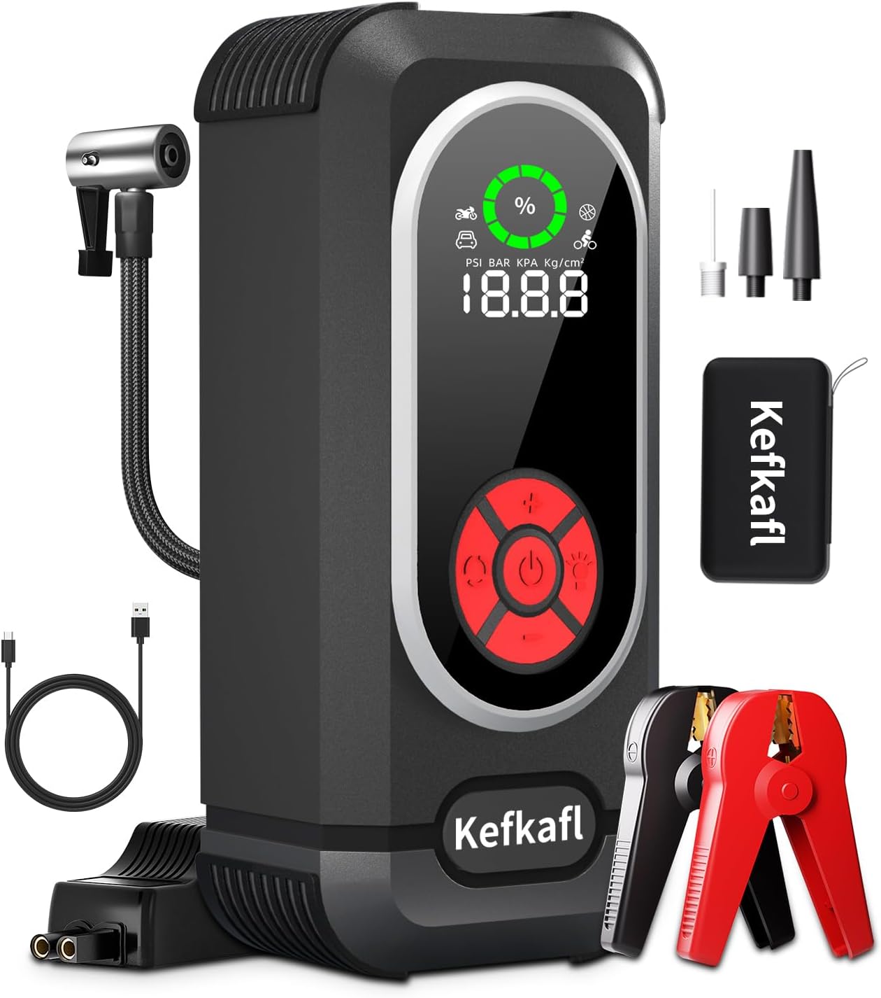 Portable Car Jump Starter with Air Compressor, Kefkafl 4500A 150PSI Car Battery Jump Starter Battery Pack (10.0L Gas/10.0L Diesel), 12V Jump Box with Tire Inflator, FlashLight, Display, Power Bank ﻿ 