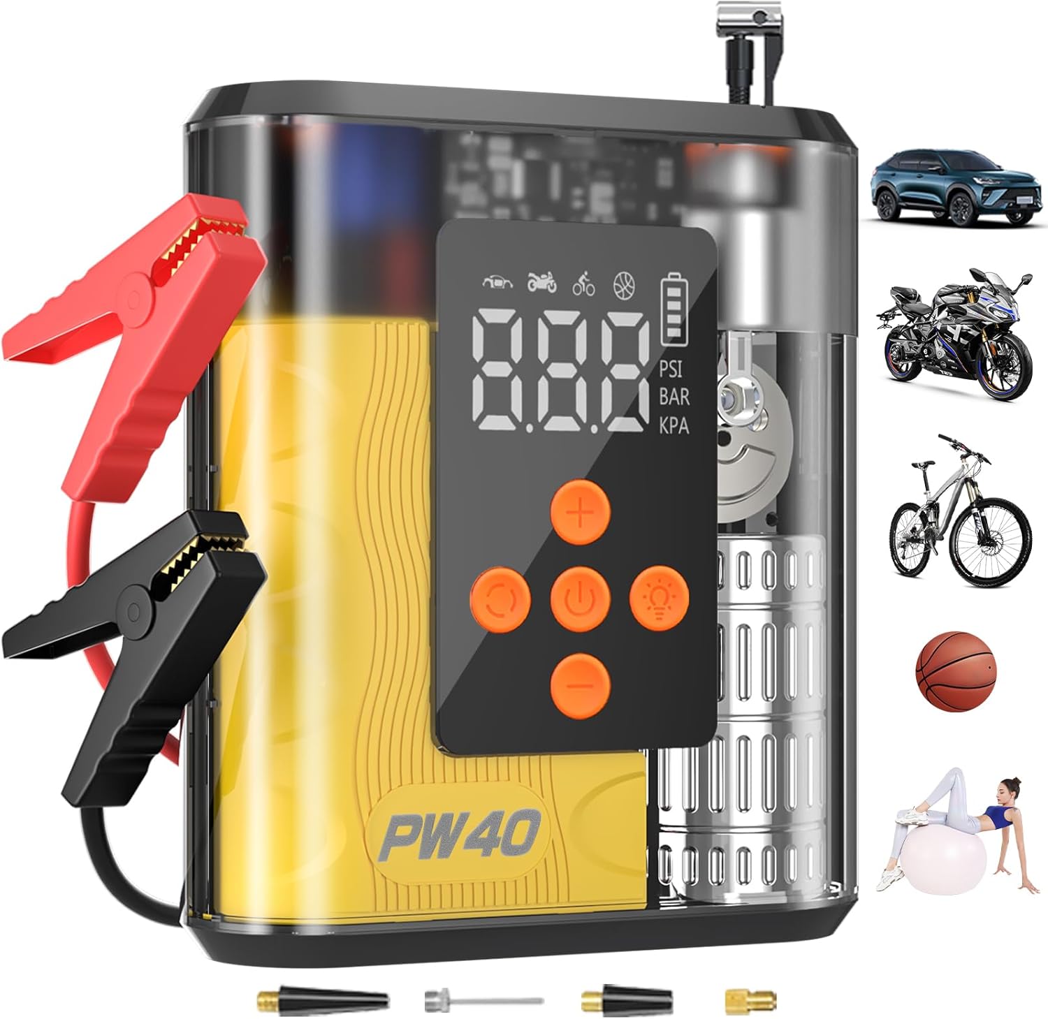 PW40 Jump Starter, Tire Inflator Portable Air Compressor, 4000A Peak 200PSI  4X Faster, 32000mAh 12V Car Battery Jump Starter (9L Gas/8L Diesel), Portable Tire Inflator for Car(Yellow)