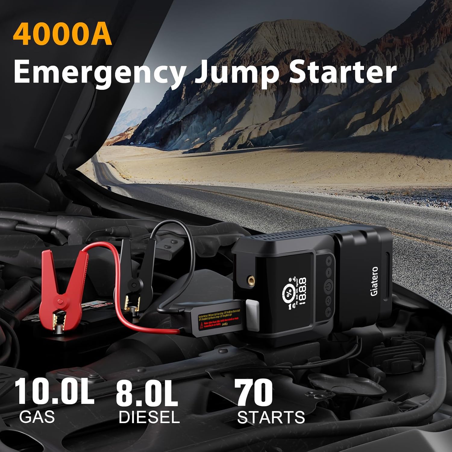 Q13 4000A Portable Car Jump Starter with Air Compressor 150PSI, Jump Start Battery Pack(10.0L Gas/8.0L Diesel), 12V Jump Box with 3 Modes Flashlight  Jumper Cable, LCD Display Power Bank