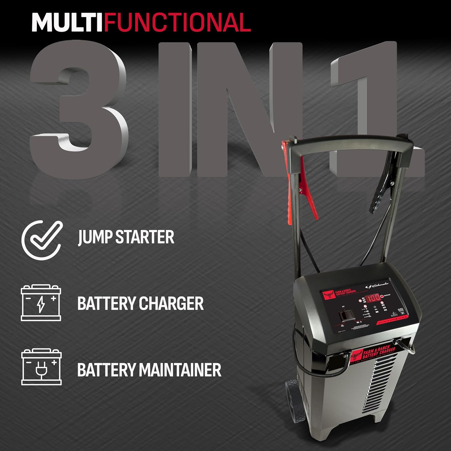 Schumacher Electric 3-in-1 Wheeled Battery Charger and Jump Starter, FR01336 - Fully Automatic, 250 Cranking Amps, 50 Amp Boost, 6 and 12Volt for for Cars, Trucks, Marine, RVs, and Farm Equipment