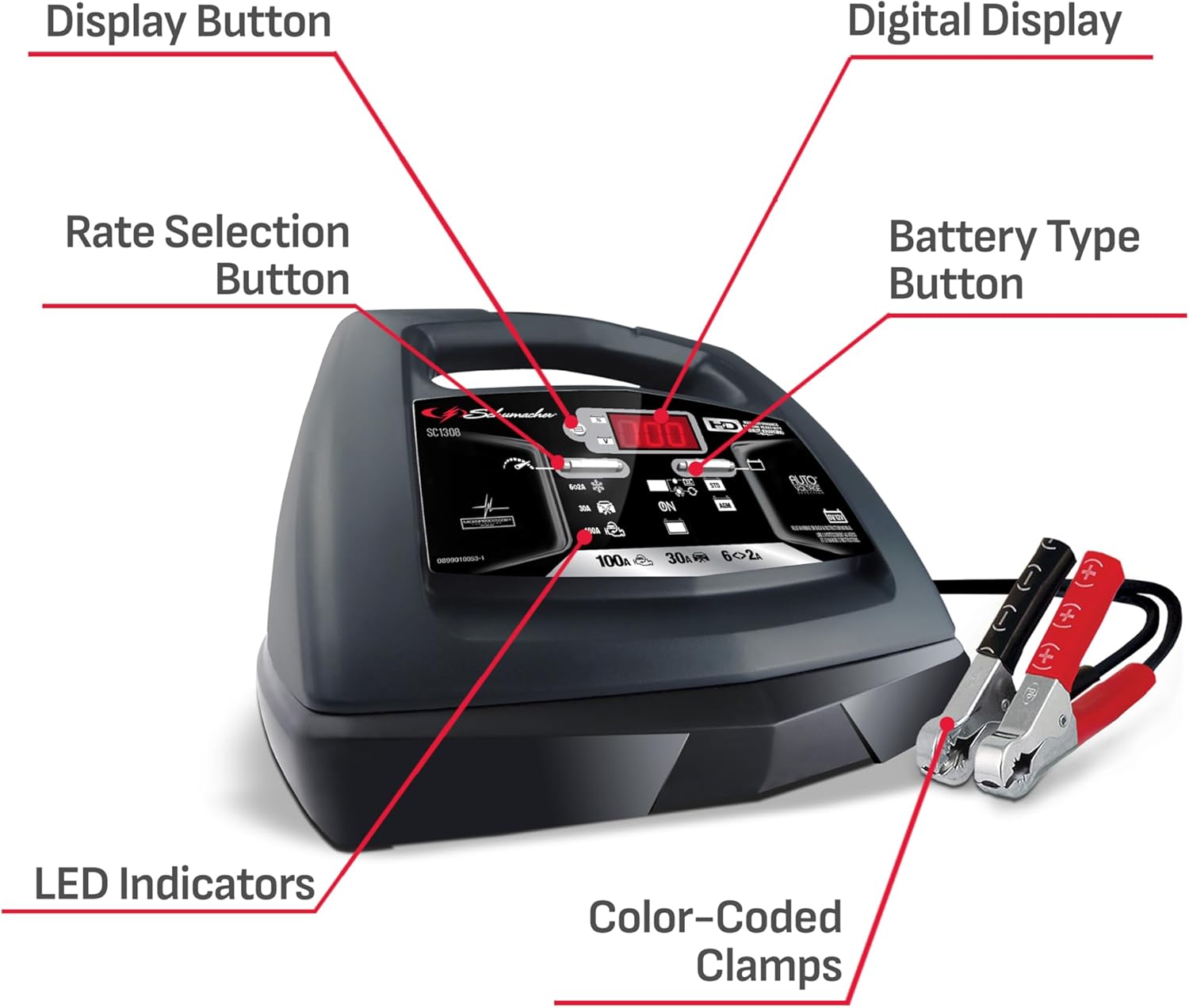Schumacher Electric Fully Automatic Battery Charger Engine Starter, 6-in-1, SC1308 - 100 Cranking Amps, 6-Volt, 12-Volt, for Motorcycle, Power Sport, Lawn Tractor, Car, SUV, Truck  Marine Batteries