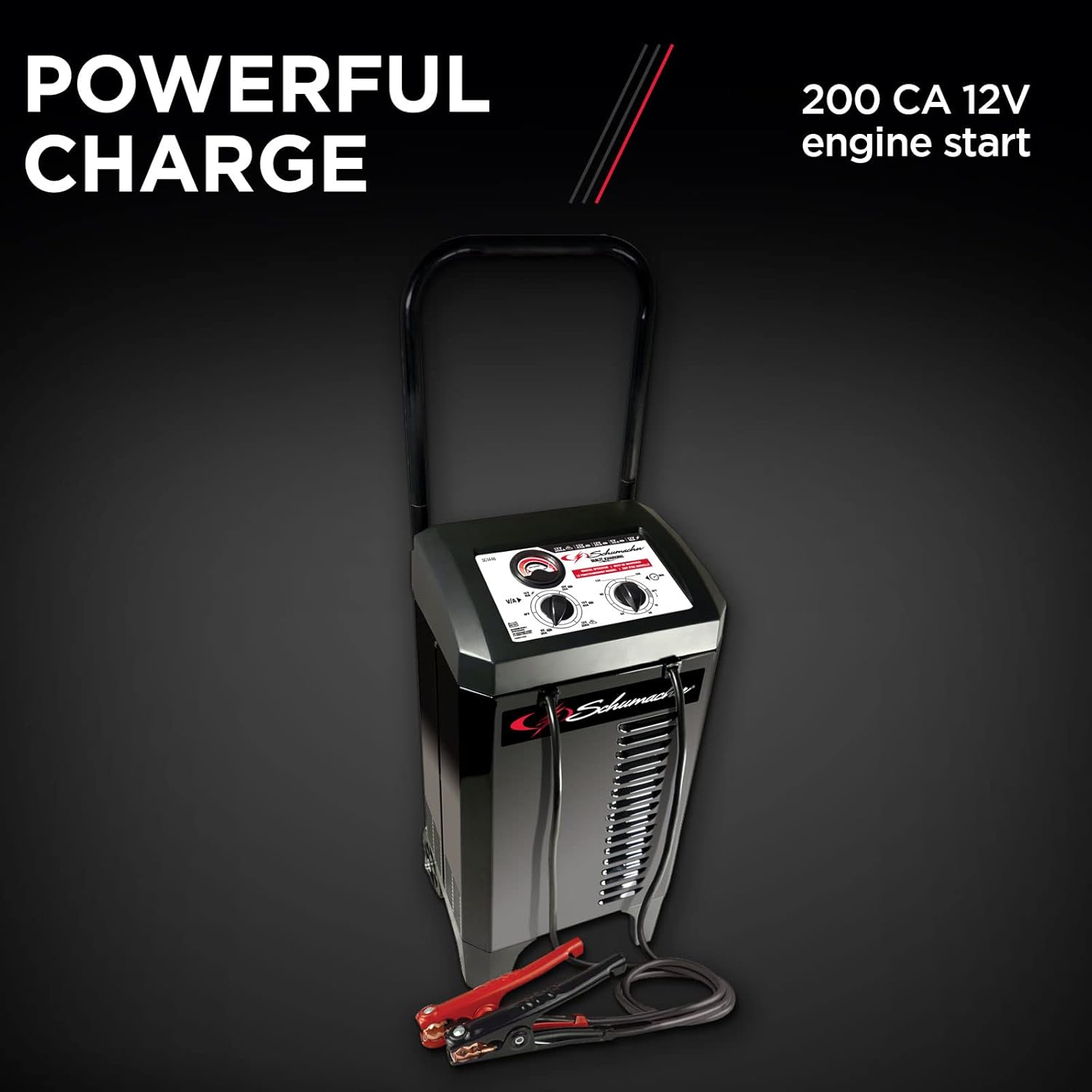 Schumacher Electric Wheeled Battery Charger and Engine Starter, SC1446, 2-in-1, Manual Timer-Controlled, 200 Cranking Amps, 6 Volt, 12 Volt, For Car, SUV, Truck, and Marine Batteries