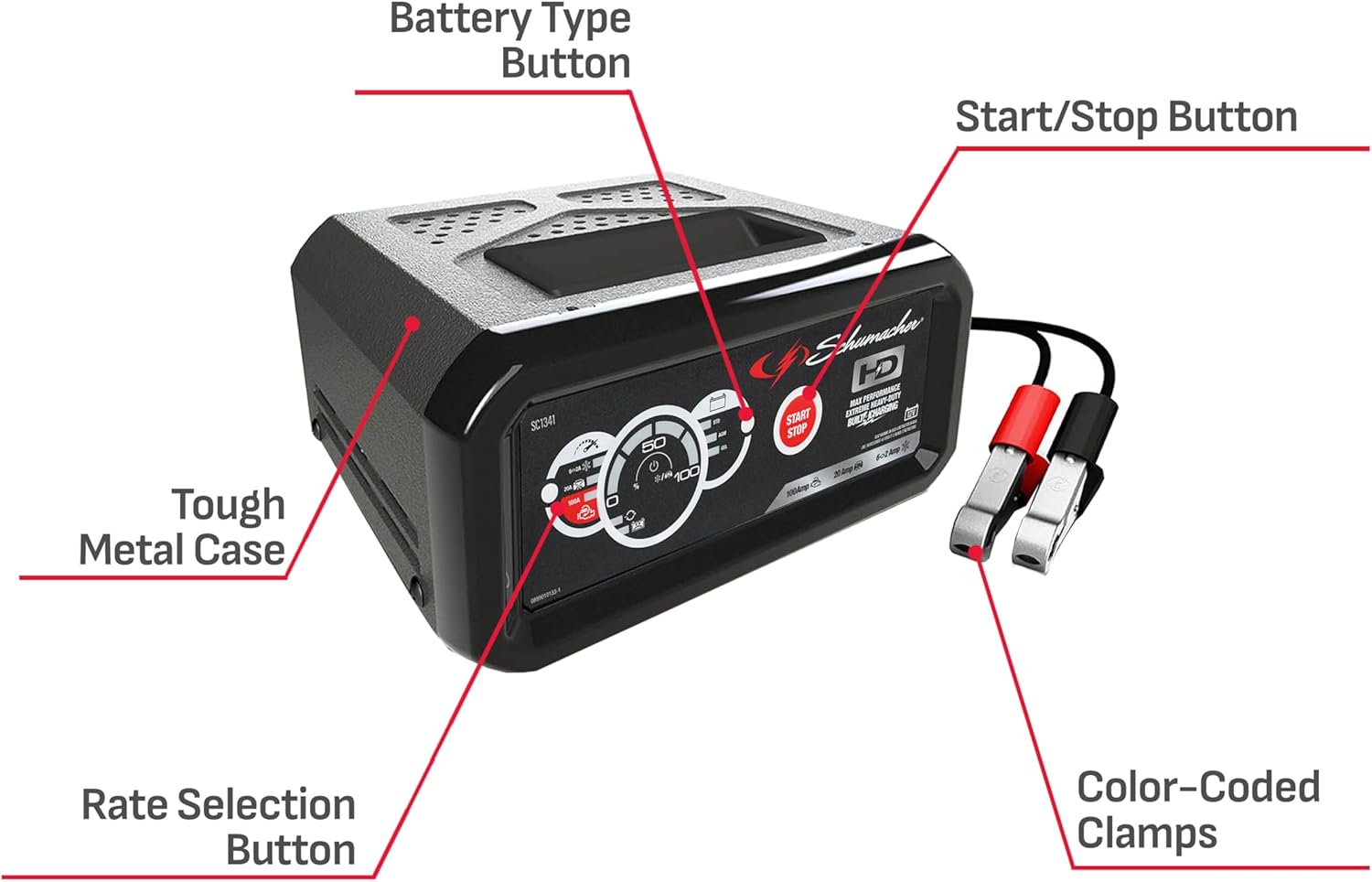 Schumacher SC1341 100A 12V Fully Automatic Jump Starter and Battery Charger, 20A Boost Mode, Works with Standard, AGM, Gel, and Deep-Cycle Batteries