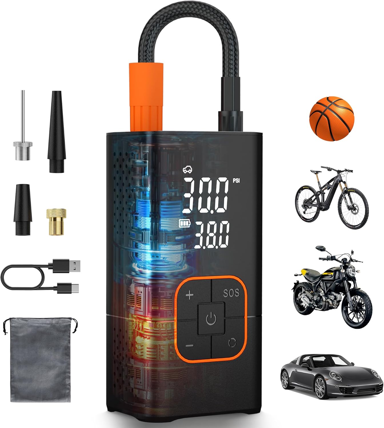 Tire Inflator Portable Air Compressor-150PSI Bike Pump, Portable Tire Inflator Cordless with Tire Pressure Gauge LED Lights, Air Pump for Car Tires, Bike, Motorcycle, Ball (Orange)