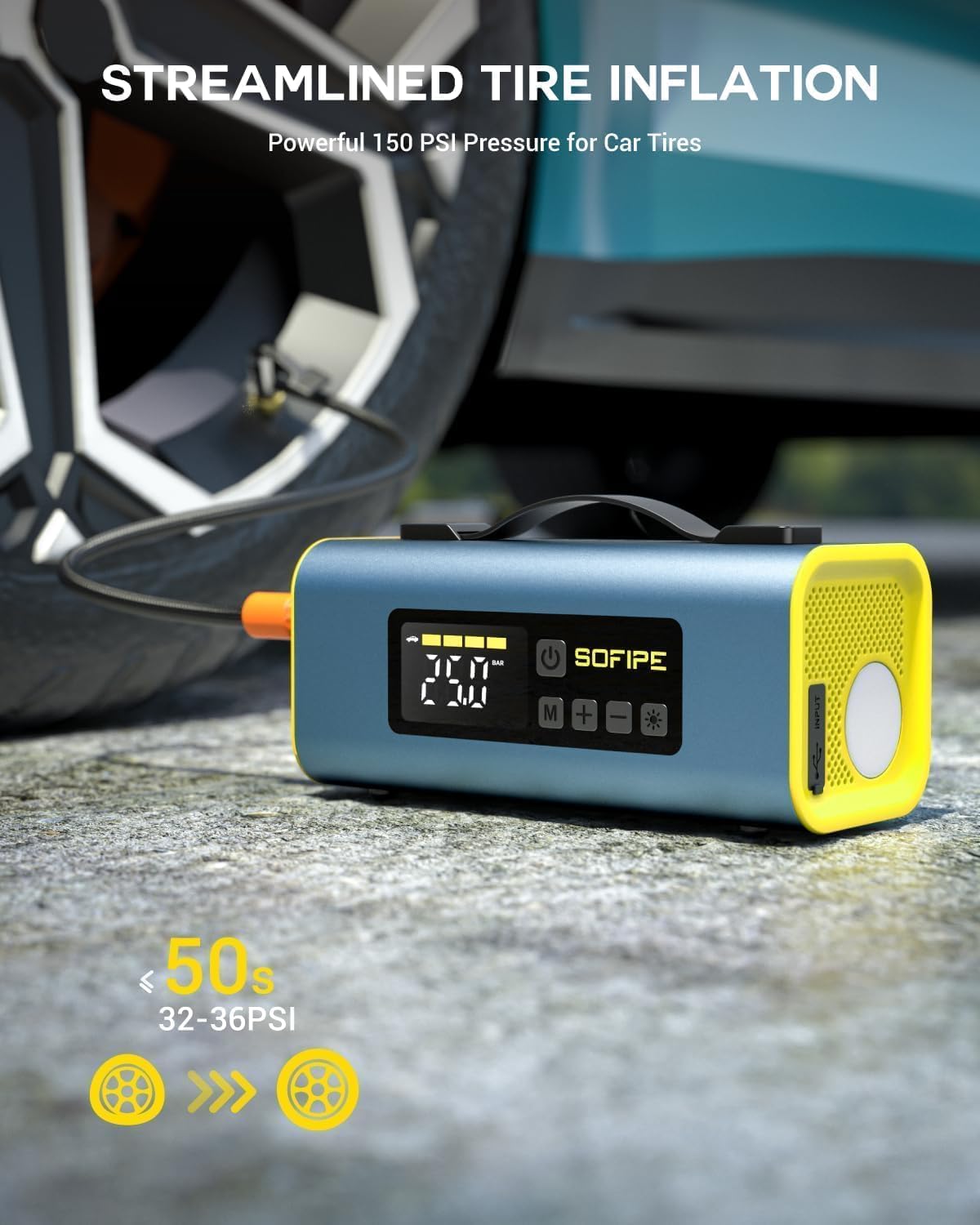 Tire Inflator Portable Air Compressor, 150PSI Cordless Tire Inflator with 2 LED Screen, 350 L/Min air Pump for inflatables, 3 Light Modes Suitable for MPV, Car, Motorcycle（Yellow）