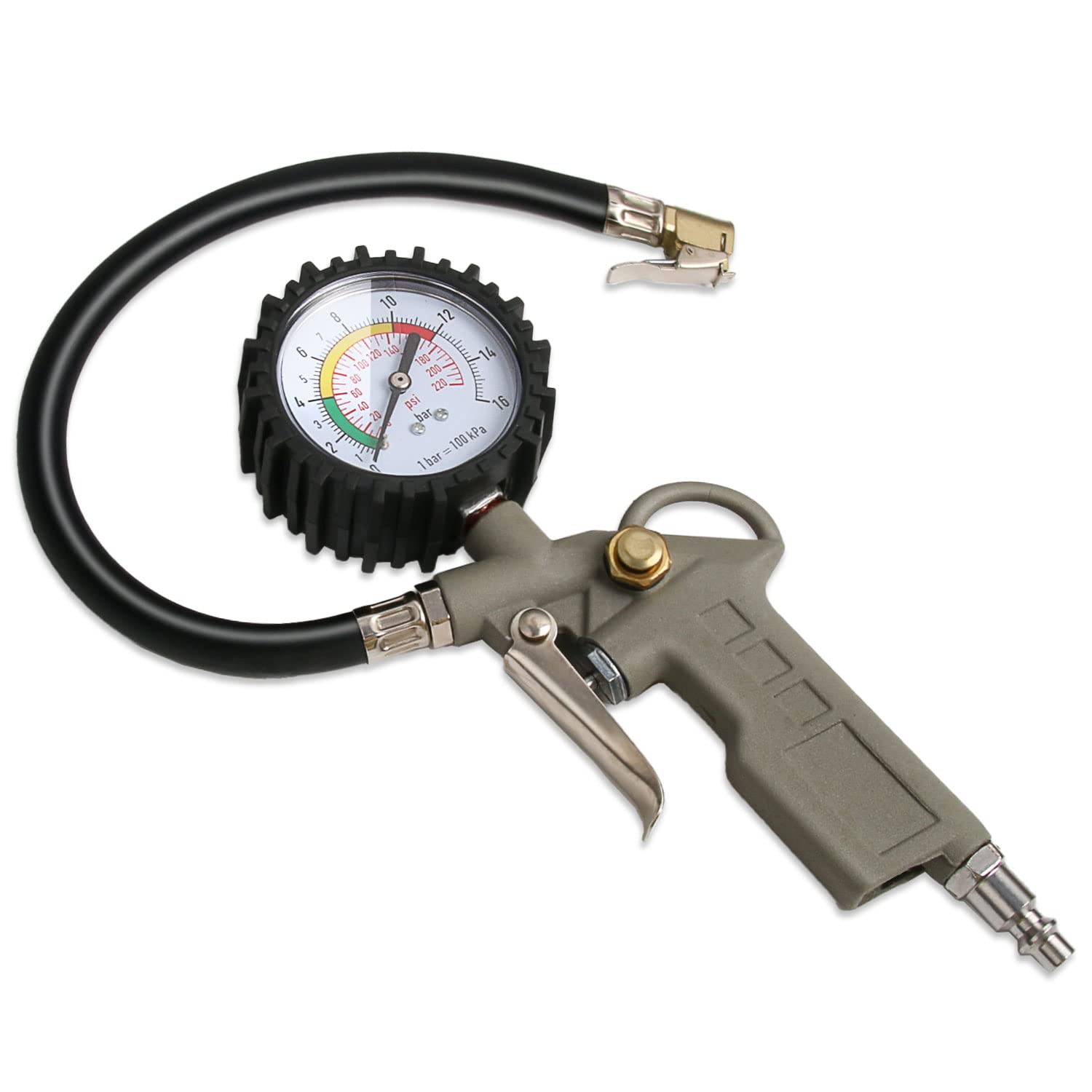 Tire Inflator with Pressure Gauge, 0-220PSI Dial Wheel Air Tire Pressure Gauge, Heavy Durable Rubber Hose with Quick Coupler, Air Compressor Tire Inflator Attachment for Cars Motorcycle Bike