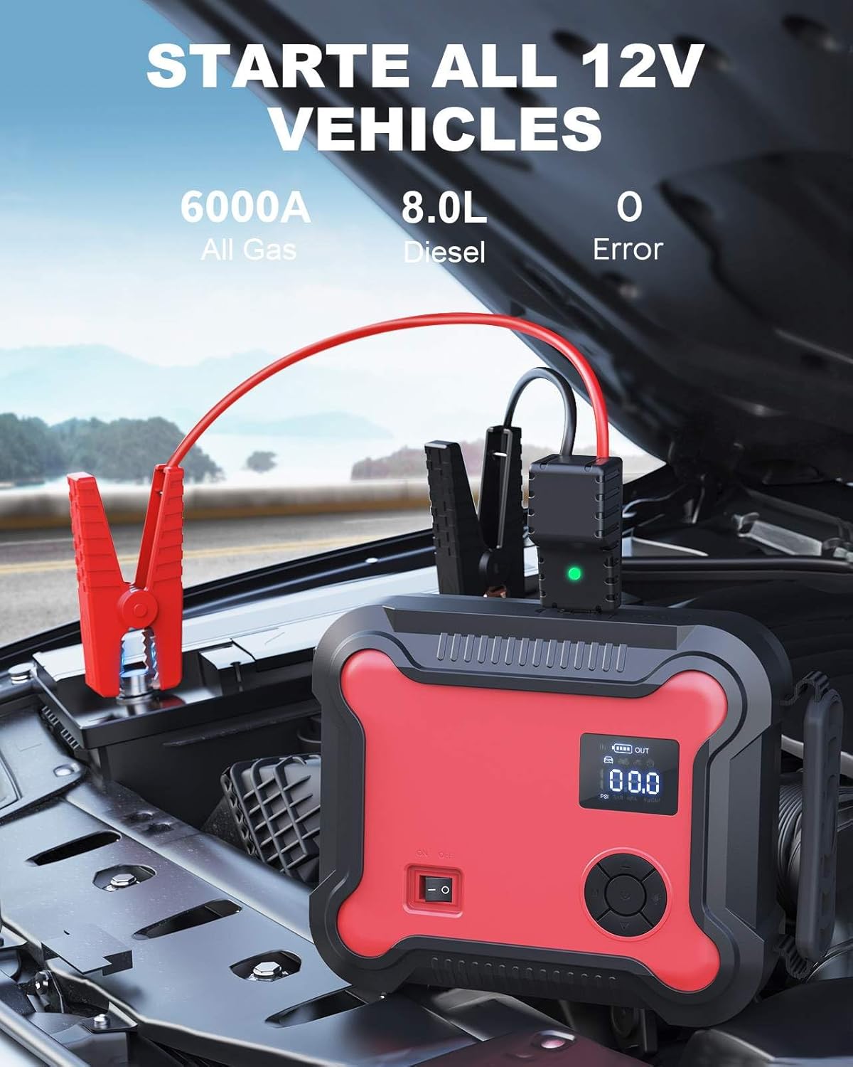 Versatile Car Jump Starter with Air Compressor, 6000A 26800mAh 150PSI (All Gas 8.0L Diesel) Car Battery Jumper Starter Portable Jump Box, Fast Charger with Jumper Cables, 160W DC, Larger Lights