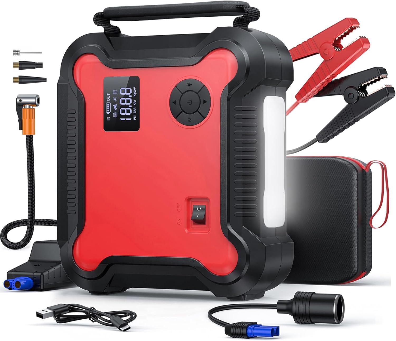 Versatile Car Jump Starter with Air Compressor, 6000A 26800mAh 150PSI (All Gas 8.0L Diesel) Car Battery Jumper Starter Portable Jump Box, Fast Charger with Jumper Cables, 160W DC, Larger Lights