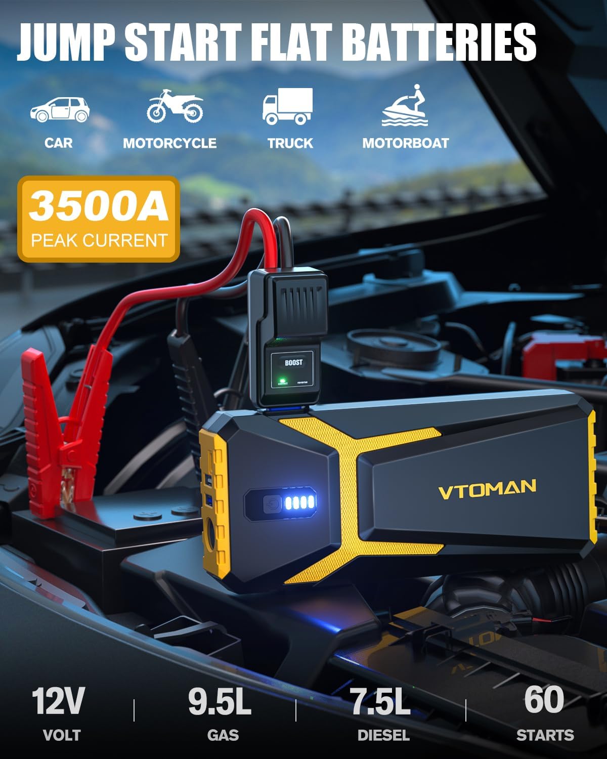 VTOMAN V10 3500A Jump Starter, Portable Car Starter (9.5L Gas,7.5L Diesel Engine) 12V Lithium Jump Box, Auto Battery Booster Power Pack, Car Battery Charger Jumper Starter with Type C Quick Charge