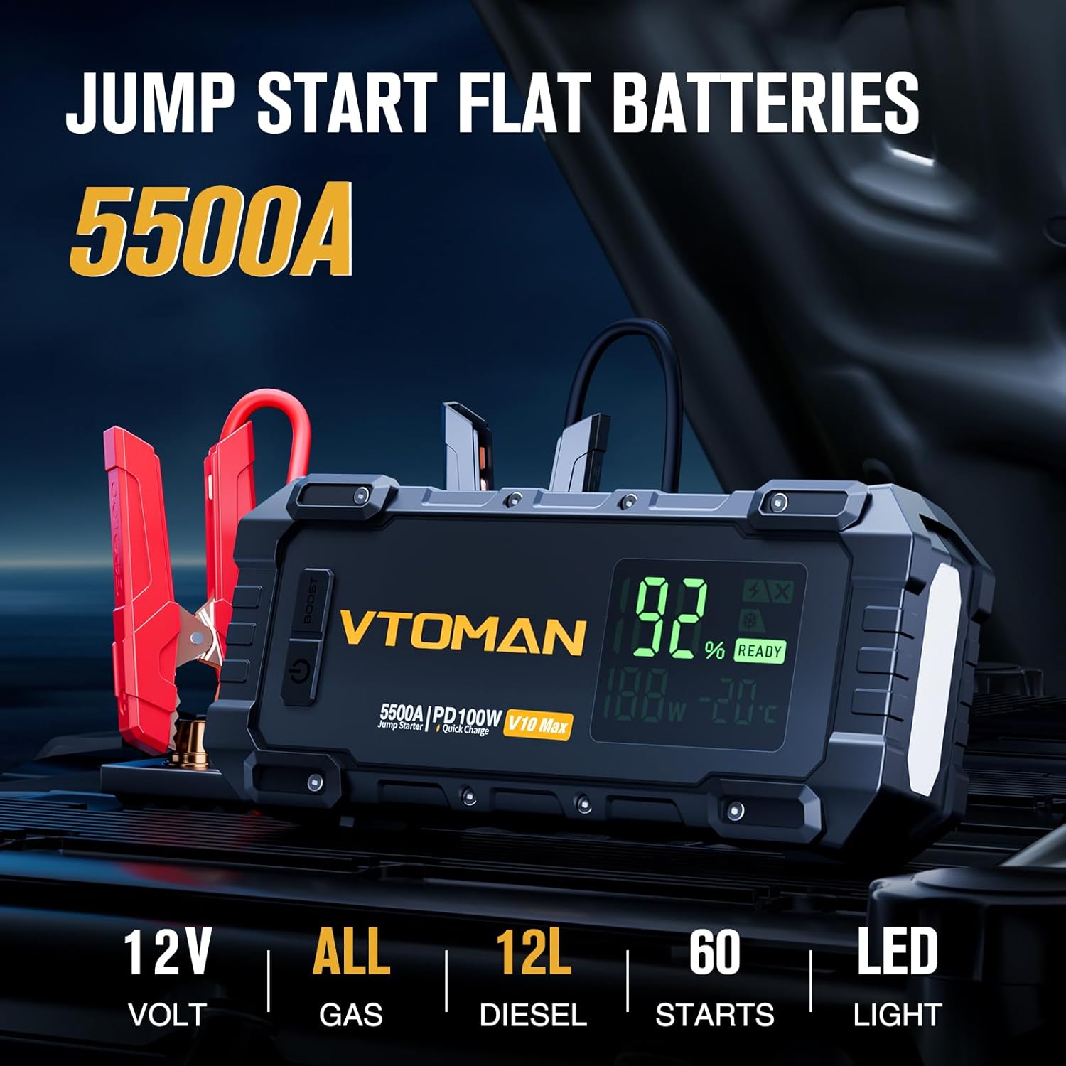 VTOMAN V10 Max 5500A Jump Starter with 100W USB-C Fast Charger Car Battery Jumper Starter Portable for All Gas or 12L Diesel Engines,12V Jump Strart Booster Pack, Jump Box Comes with 100W Car Charger