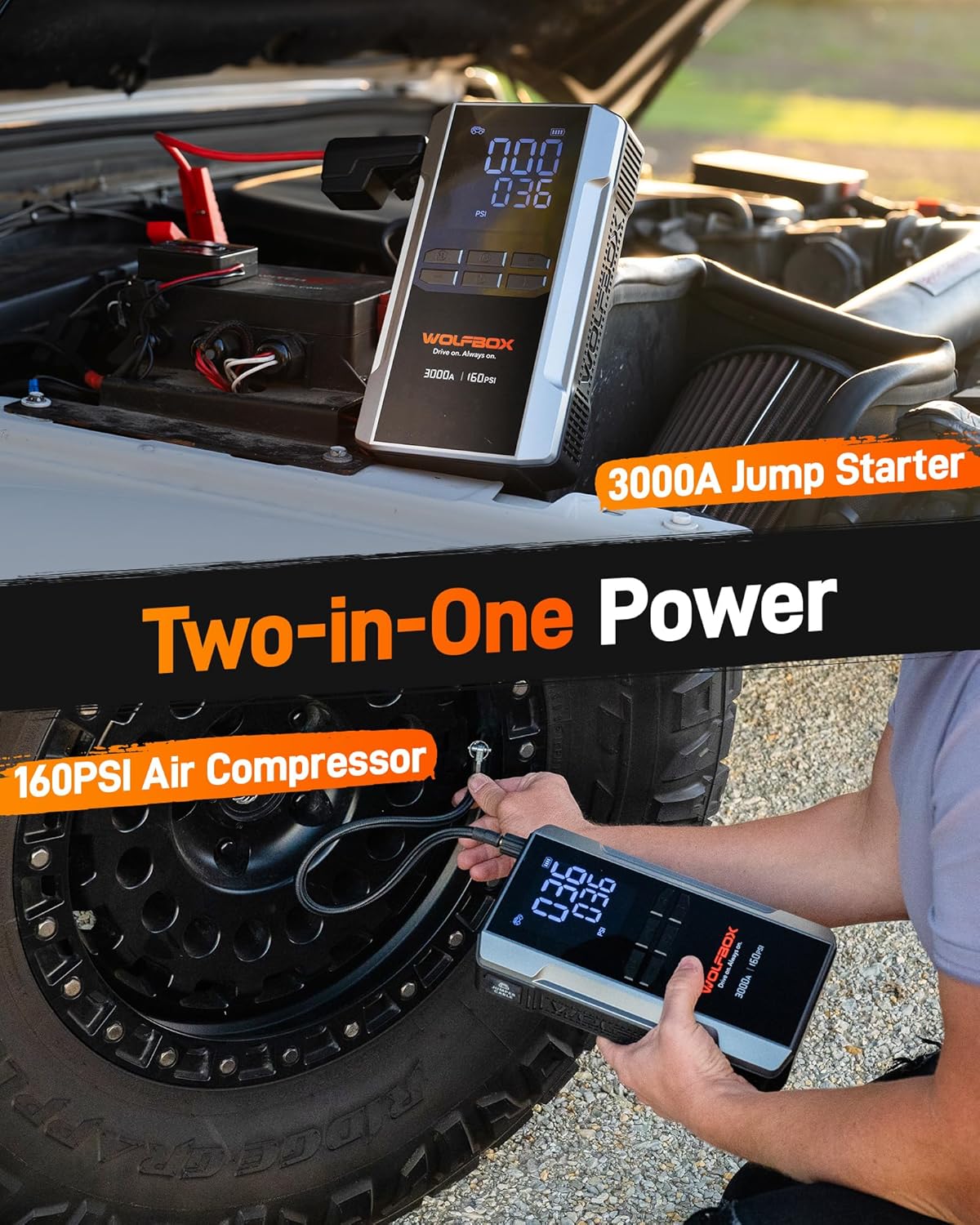 WOLFBOX 3000A Jump Starter with 160PSI Air Compressor, 12V Car Battery Booster, 65W Fast Charge, 16000mAh Portable Tire Inflator, LED Display for 8L Gas  6L Diesel Engines, LED Light, Jumpe Cables