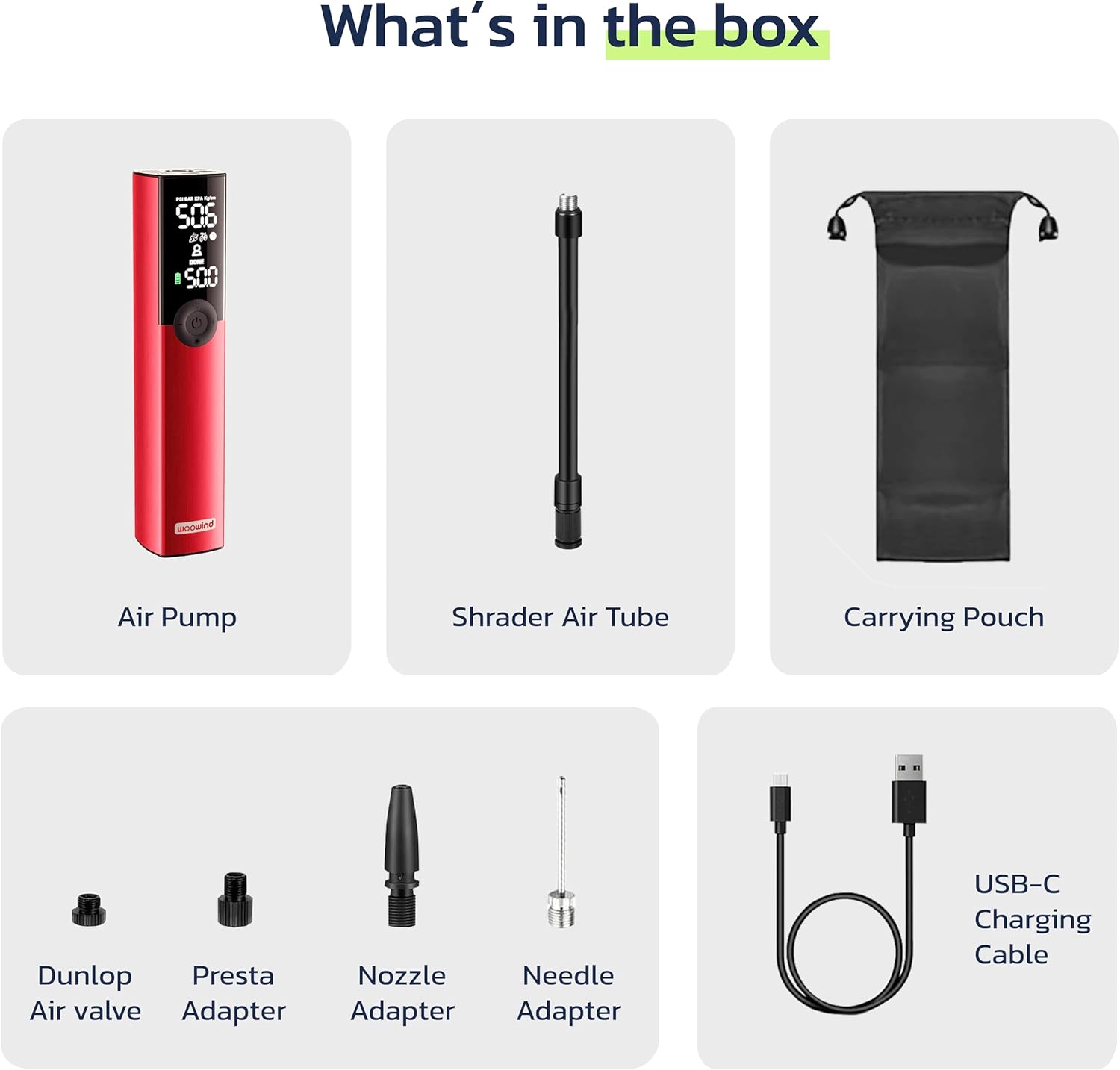 Woowind BP188 Bike Pump, The Pro Electric Bicycle Pump Tire Inflator Portable Air Compressor with Schrader, Presta and Dunlop Valve Adapters - 120~150PSI Options