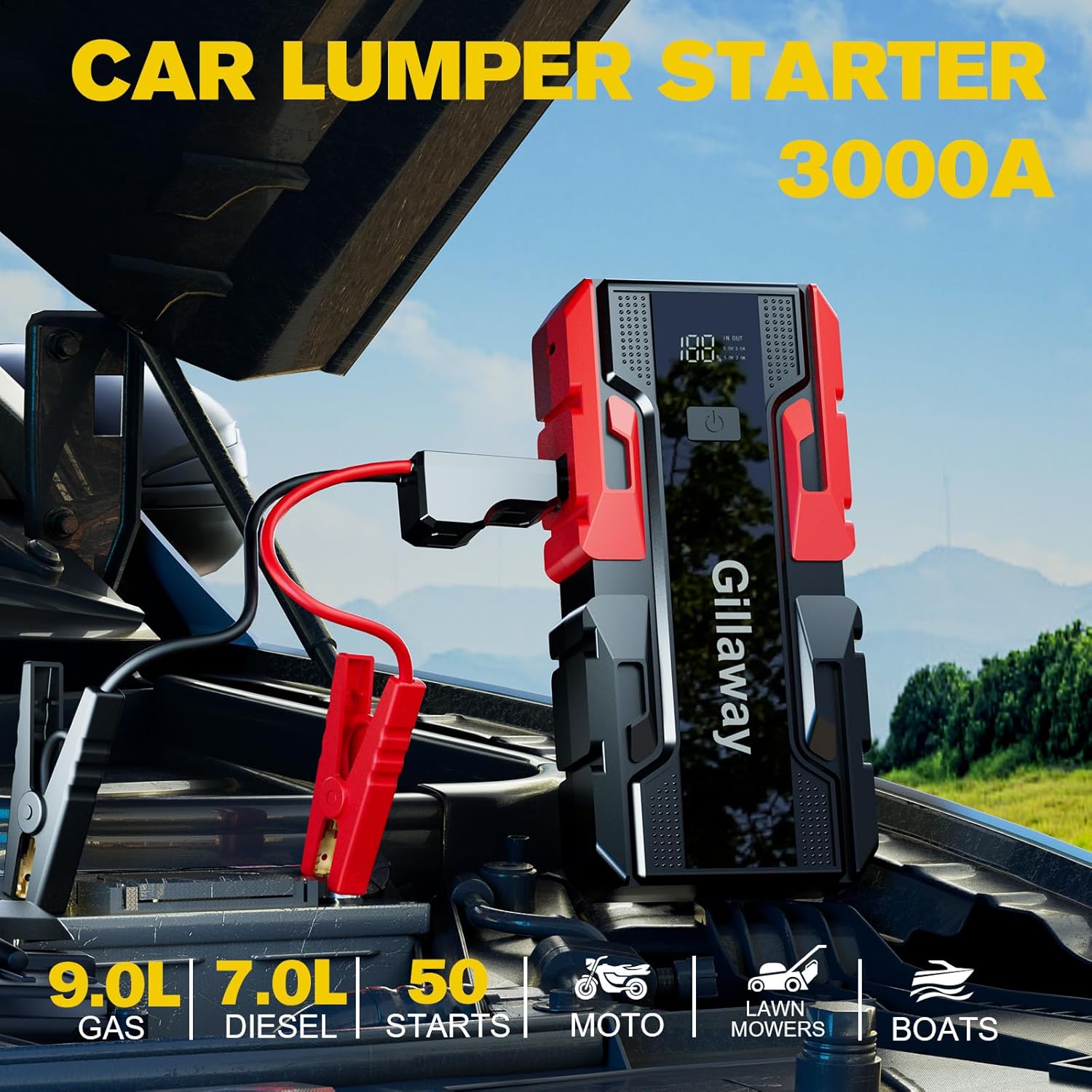 001B 3000A Car Jump Starter Battery Pack (up to 9.0L Gas and 7.0L Diesel Engine), 12V Car Battery Charger, Jump Box with USB 3.0 Power Bank