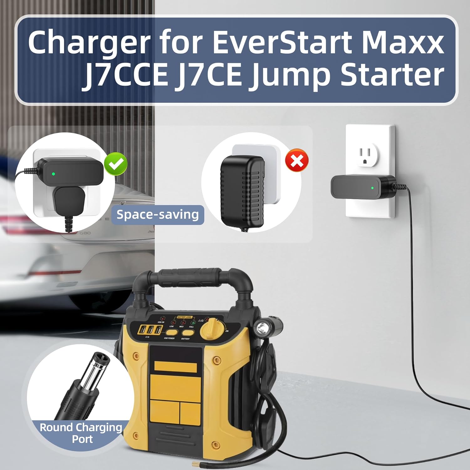 12V Charger for EverStart Maxx Jump Starter Power Cord Adapter for Ever Start J7CCE J7CE Max 800 Peak Amp 800A Battery Car Camo Jump Starter 120 PSI Air Compressor