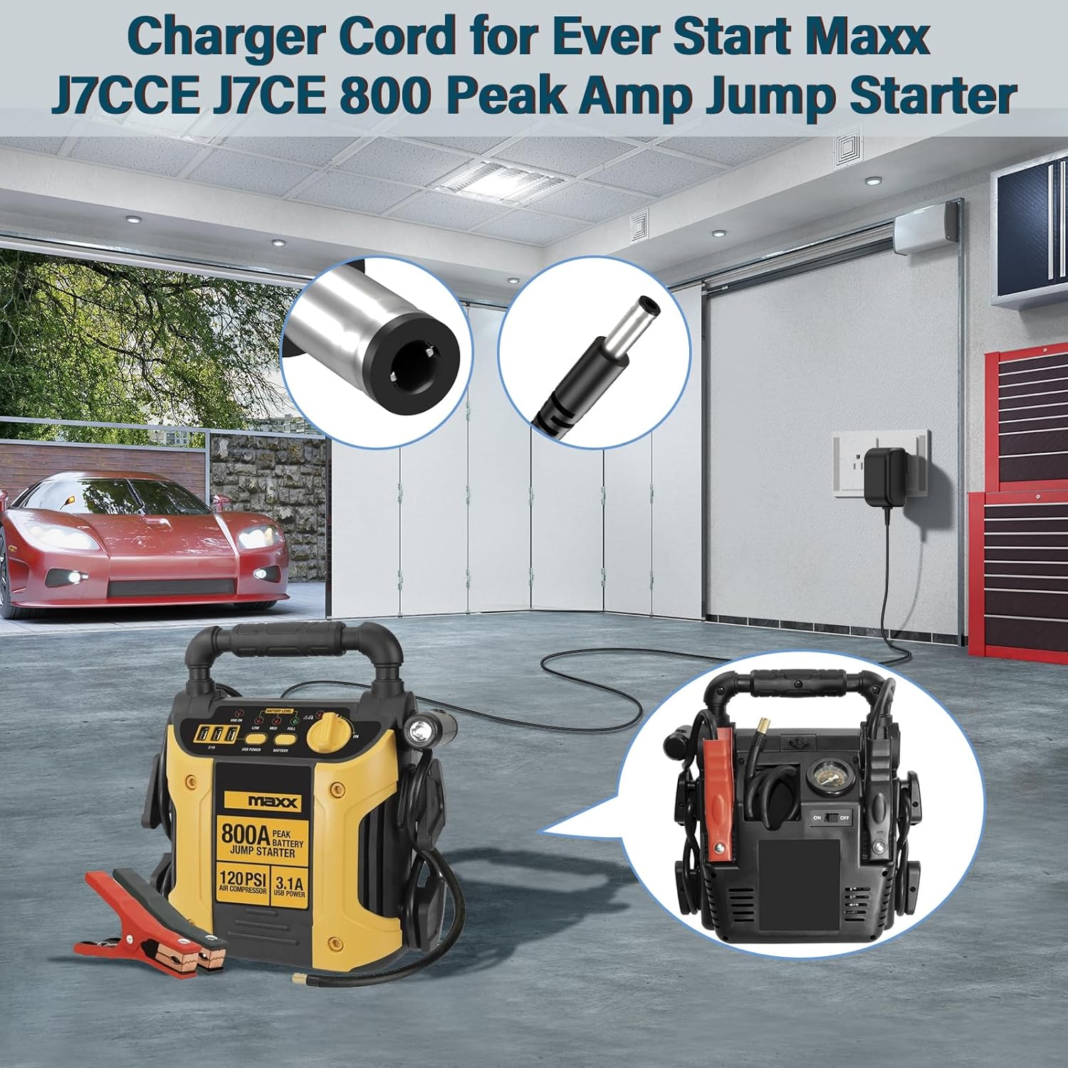 12V for EverStart Maxx J7CCE J7CE Charger Power Cord Adapter for EverStart J7CCE J7CE 800 Peak Amp 800A Battery Car Camo Jump Starter Ever Start Maxx with 120 PSI Compressor 3 USB Ports