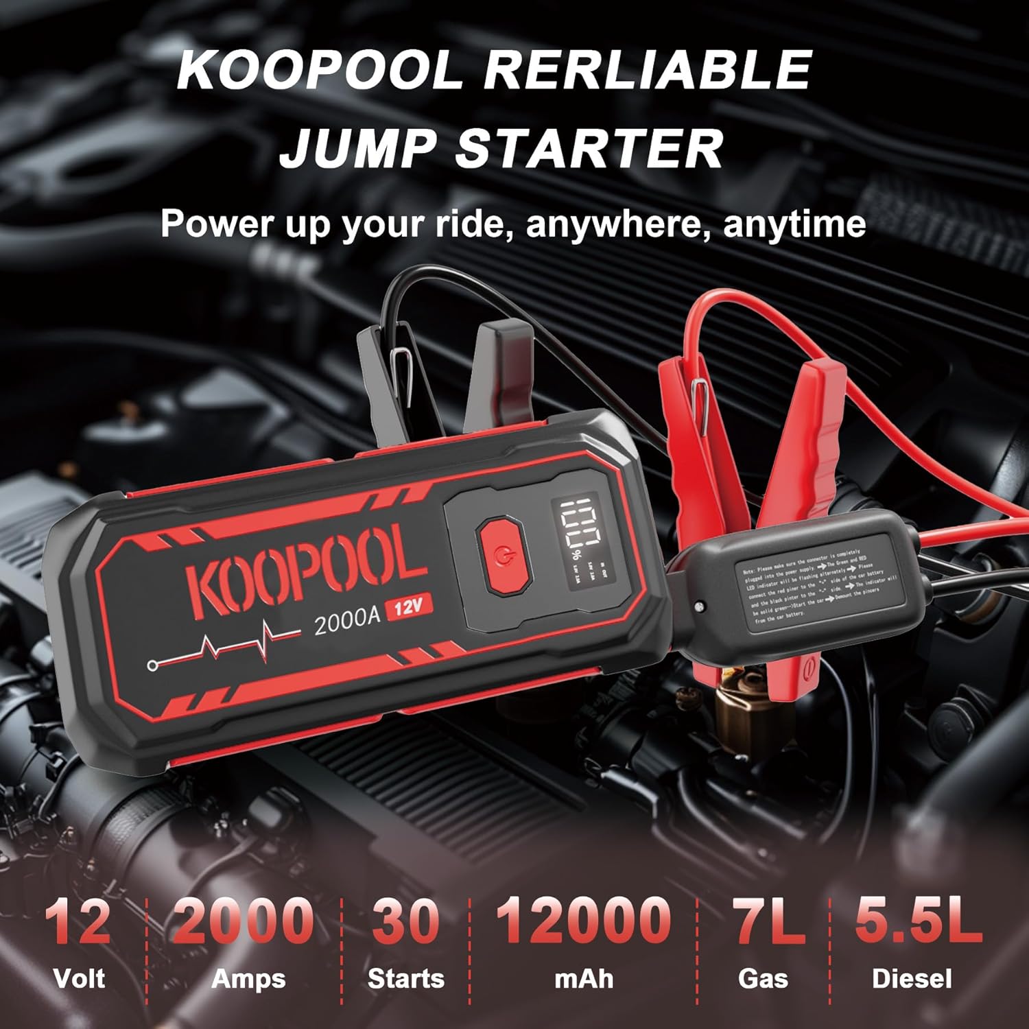 2000A Ultra - Powerful Car Battery Jump Starter: Compatible with Up to 7.0L Gas  5.5L Diesel Engines. 12V Portable Jump Box w/ 3 - Modes Flashlight, LCD Display, USB Ports  Premium Jumper Cables