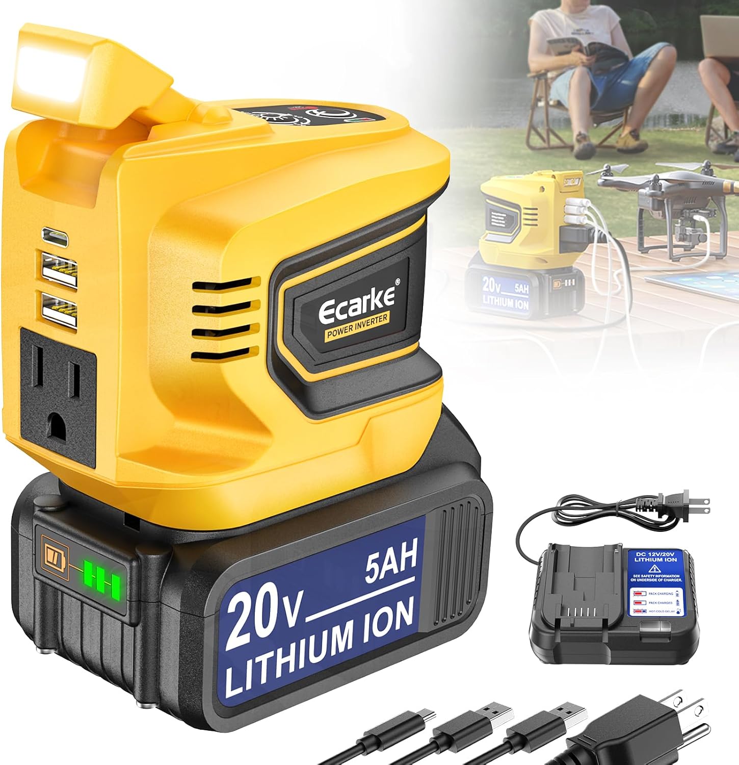 200W Portable Power Inverter for DeWALT 20V,Ecarke Outdoor Generato Battery Converter with 2 USBLEDAC Battery Powered Outlet,Convert DC 18V/20V to AC 110V-120V Portable Power Station(Tool Only)