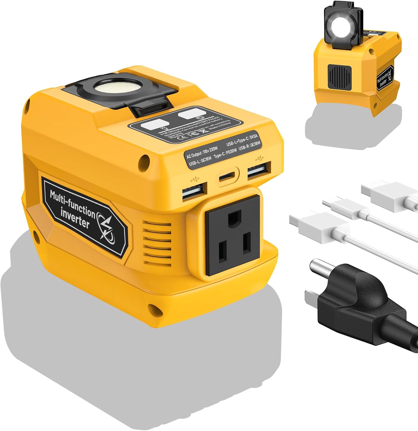 220W Power Inverter Compatible with Dewalt 20V Battery, DC 20V to AC 110V Portable Power Station with 1 AC Outlet, 2 USB Ports  1 Type-C Fast Charging, 400LM LED Work Light