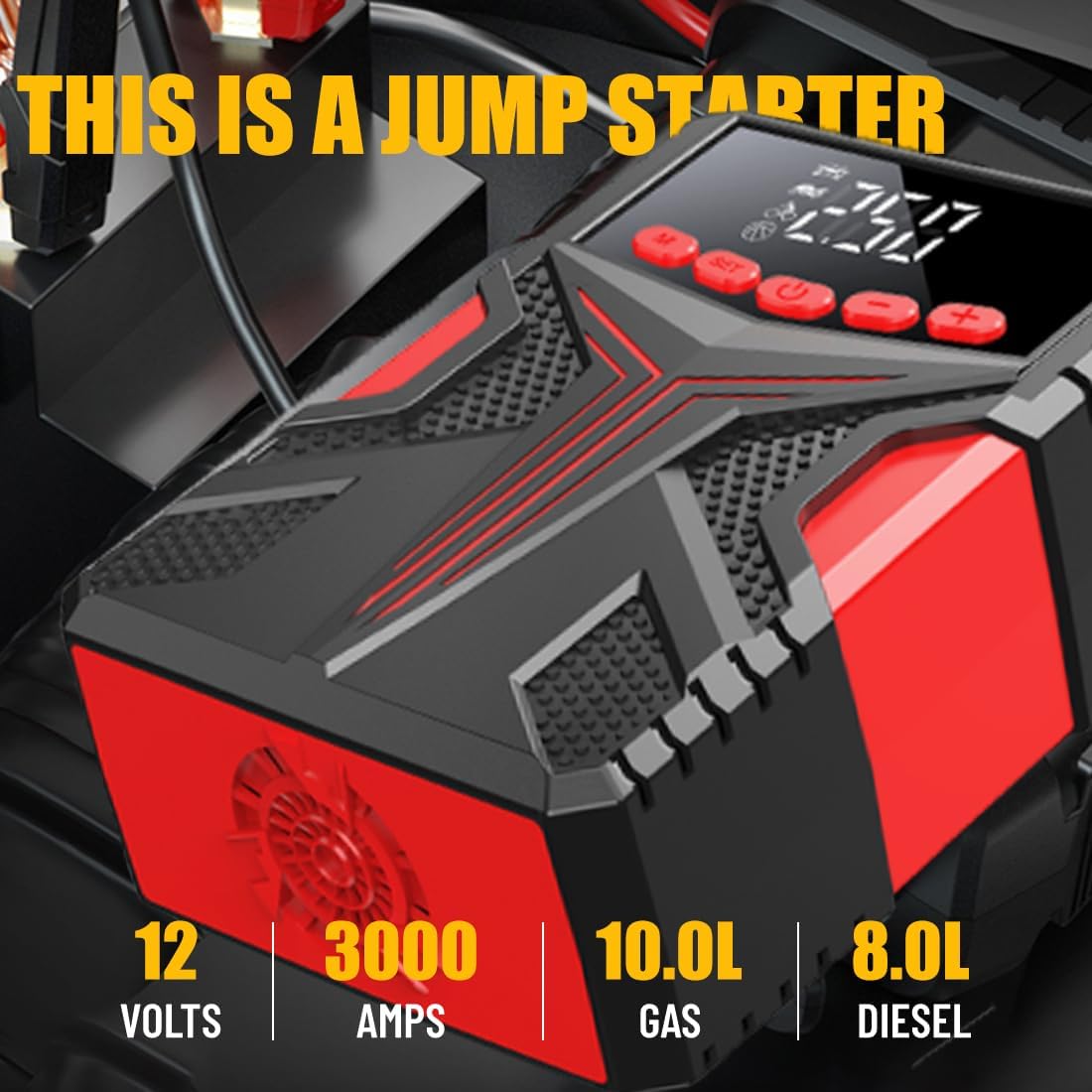 3000A Jump Starter with Air Compressor, Car Battery Charger for 10.0L Gas/8.0L Diesel, with 150PSI Tire Inflator, Portable Jump Box with Jumper Cables