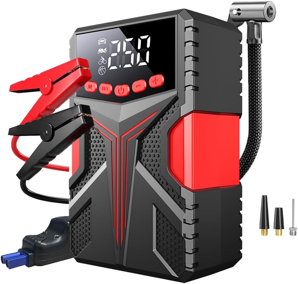 3000A Jump Starter with Air Compressor, Car Battery Charger for 10.0L Gas/8.0L Diesel, with 150PSI Tire Inflator, Portable Jump Box with Jumper Cables