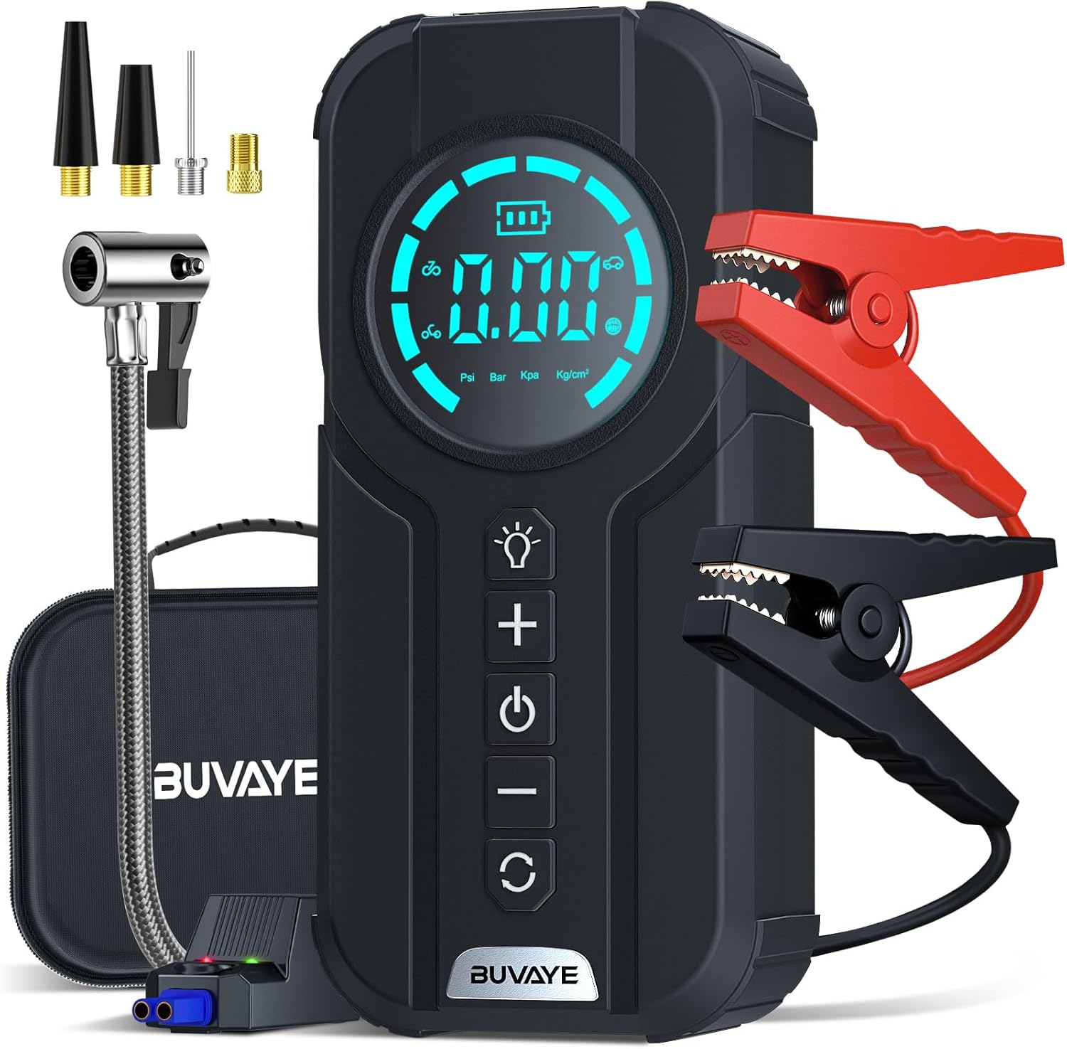 4000A Portable Car Jump Starter with Air Compressor, Jump Box for Car Battery Charger (All Gas/10L Diesel), 12V Auto Battery Booster Pack with EVA Bag, Jumper Cables, LCD Display, Lights, Power Bank