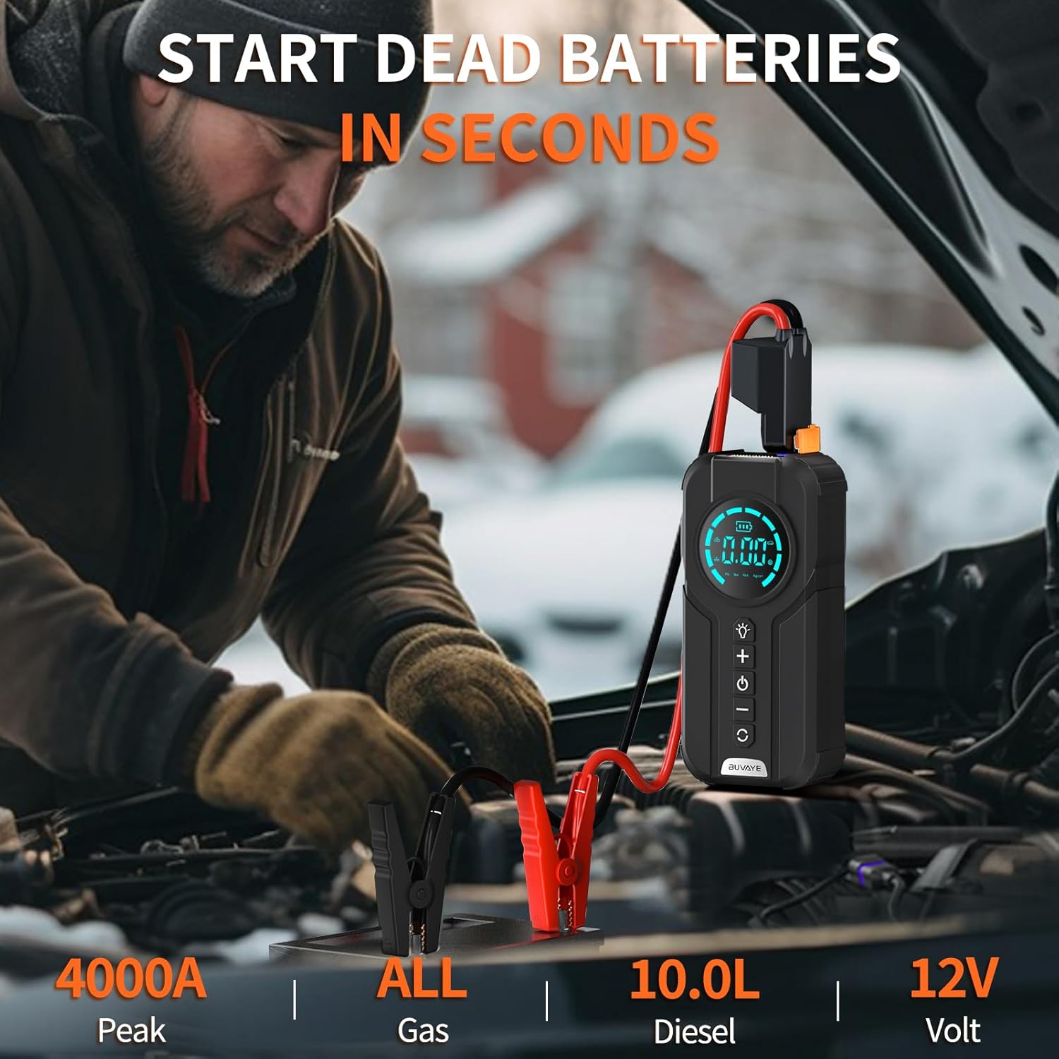 4000A Portable Car Jump Starter with Air Compressor, Jump Box for Car Battery Charger (All Gas/10L Diesel), 12V Auto Battery Booster Pack with EVA Bag, Jumper Cables, LCD Display, Lights, Power Bank