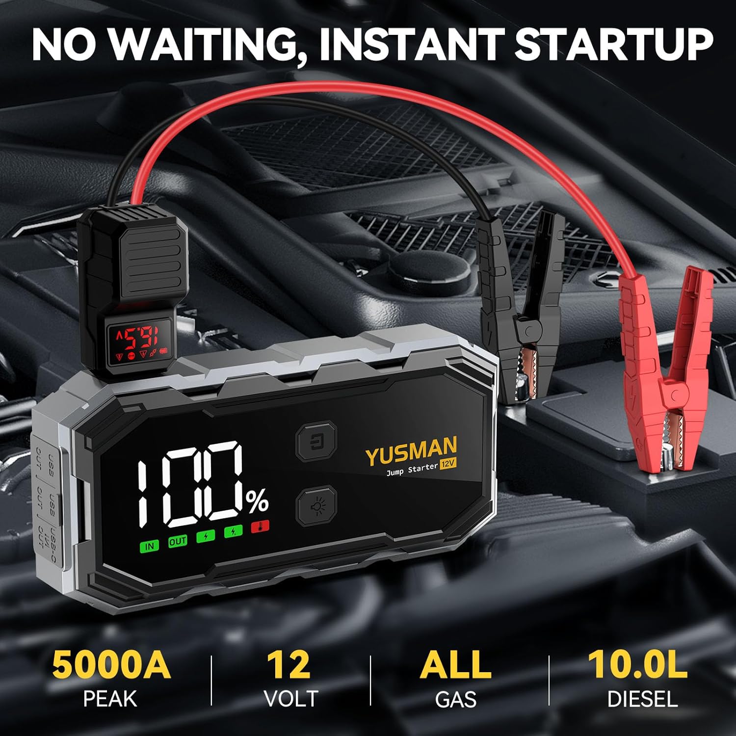 5000A Jump Starter, 12V Car Battery Jump Starter (All Gas/10.0L Diesel), 21800mAh Jump Starter Battery Pack, Portable Jump Starter with Extended Smart Jump Cables,Quick Charge 3.0, 4-Mode Lights