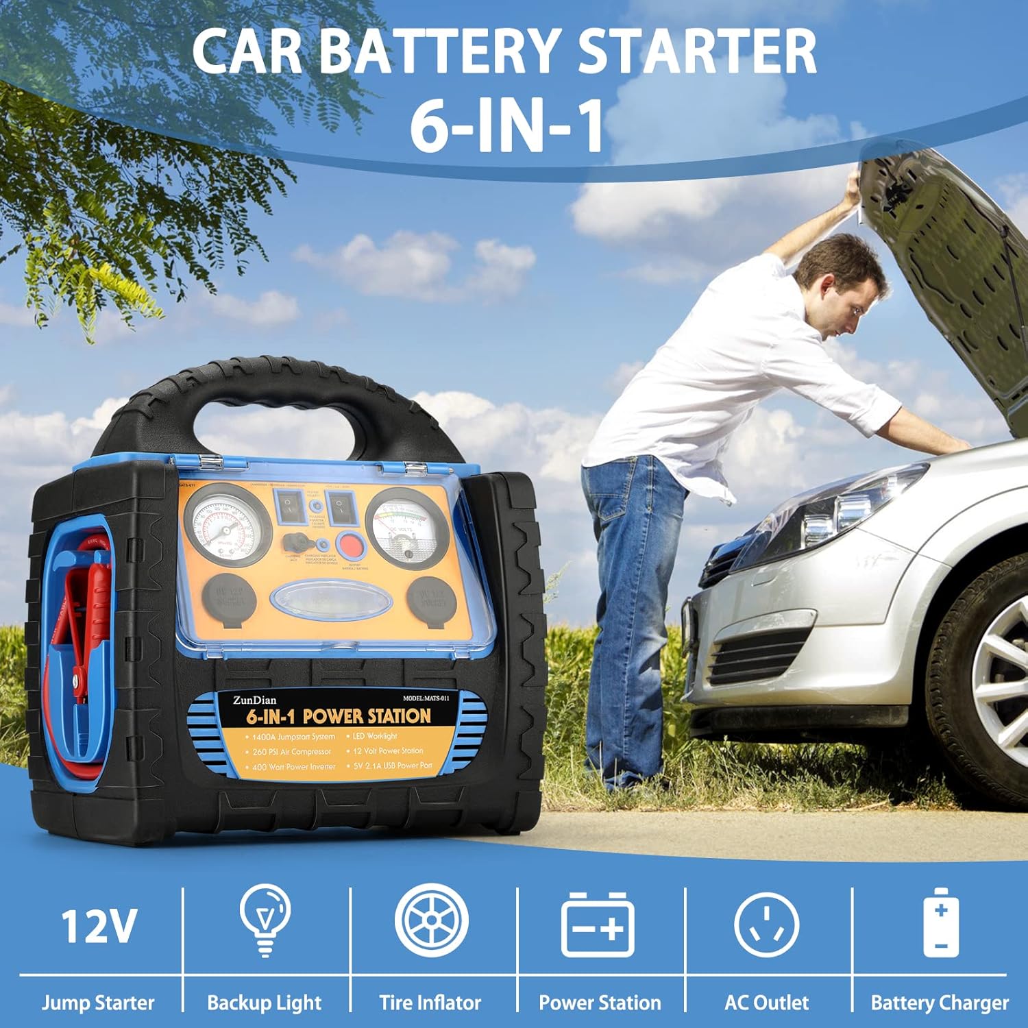 6-in-1 1800Amp Jump Starter with Air Compressor, 12V Car Battery Jumper 260PSI Tire Inflator, Portable Power Station 110V 400W Power Inverter USB DC AC Outlet, Auto Battery Booster Cables