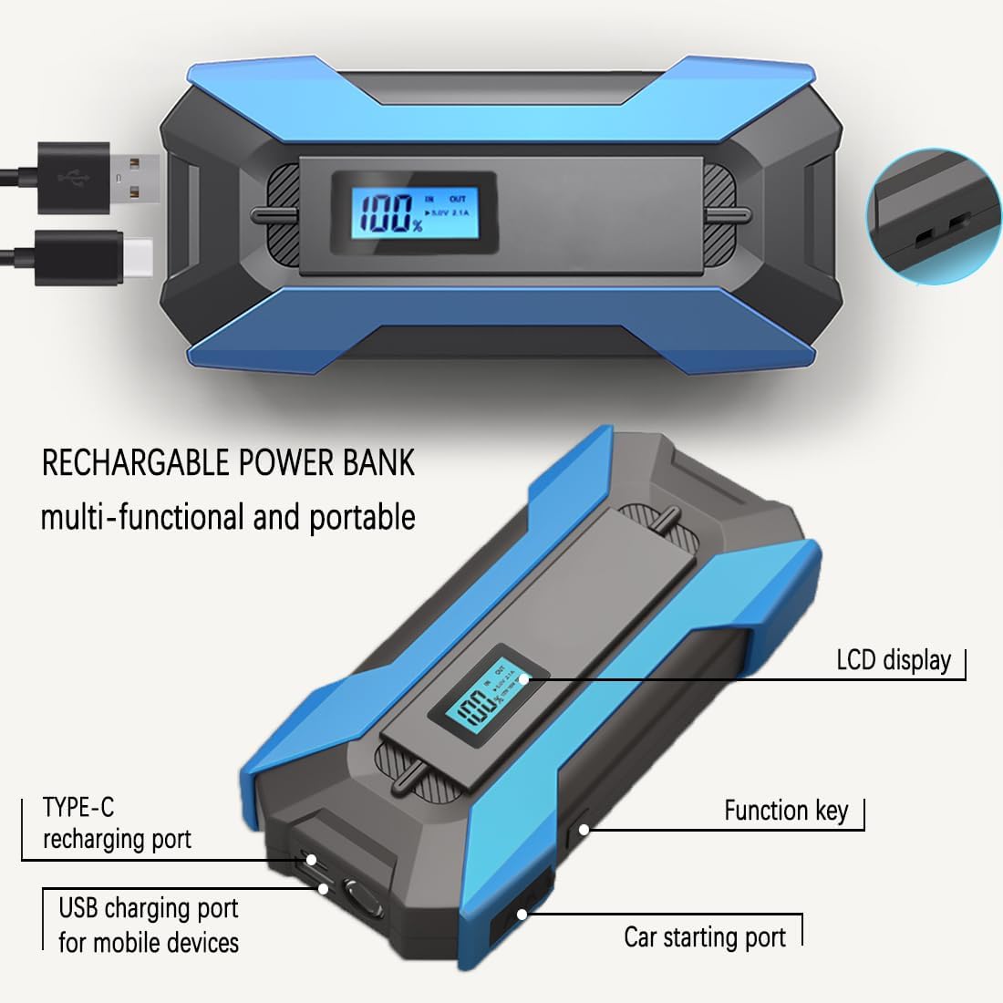 A11 Jump Starter Pack with Air Compressor, 2000A/12V Jump Box with Air Pump, Car Battery Charger for Up to 10.0L Gas and 8.0L Diesel, with LCD Display, Emergency Light, Quick Charge