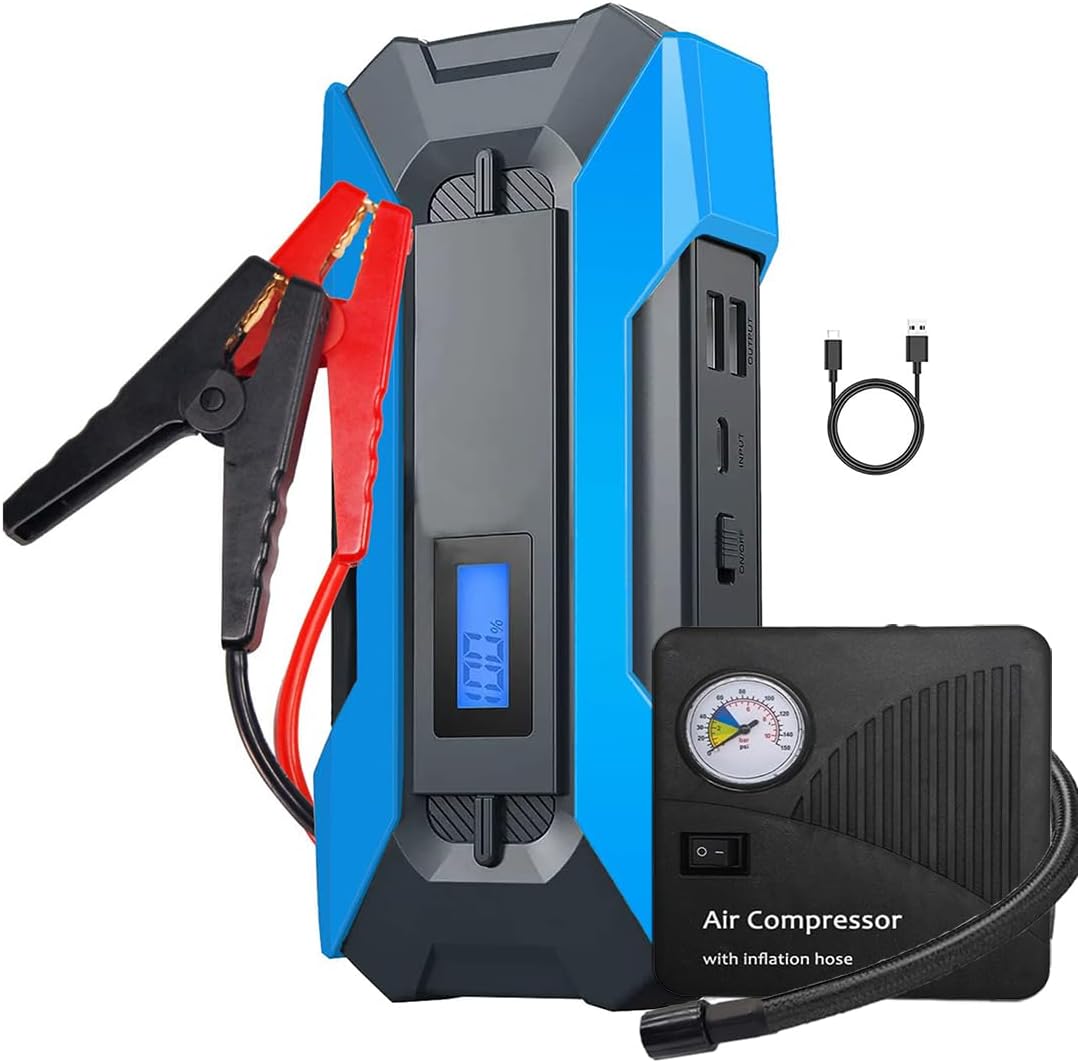 A11 Jump Starter Pack with Air Compressor, 2000A/12V Jump Box with Air Pump, Car Battery Charger for Up to 10.0L Gas and 8.0L Diesel, with LCD Display, Emergency Light, Quick Charge