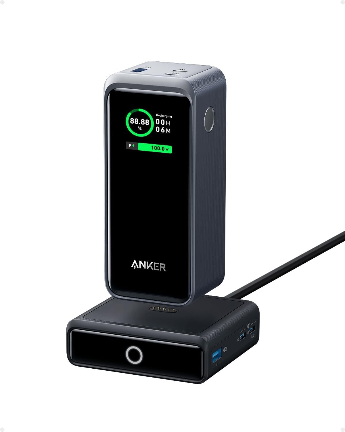 Anker Prime Power Bank 200W, 20,000mAh Portable Charger 3-Port with 100W Charging Base, Smart Digital Display, Compatible with iPhone 16/15/15 Plus/15 Pro/15 Pro Max/14 Series, MacBook, Samsung, Dell