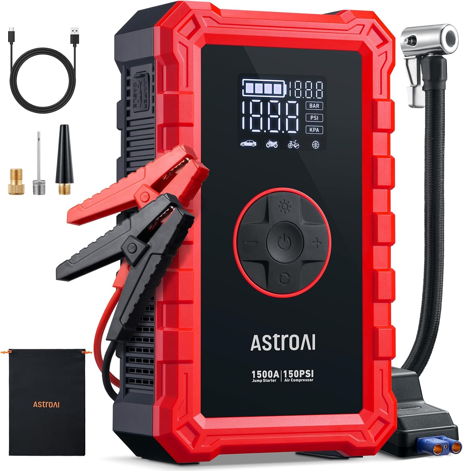 AstroAI S8 Air Jump Starter with Air Compressor, 1500A Car Battery Jumper Starter Portable (6.0 Gas/3.0L Diesel) with 150PSI Cordless Auto-Shutoff Tire Inflator, 12V Battery Charger Booster(Red)