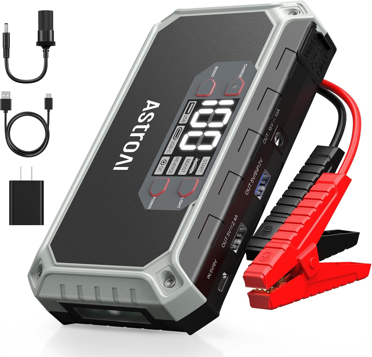 AstroAI T8 Car Battery Jump Starter, 2500A 8-in-1 Jump Box for Car Battery, Up to 8.0L Gas  5.0L Diesel Engine, 15200mAh QC 3.0 Power Bank, Informative LED Screen with Cigarette Adapter, Jumper Cable