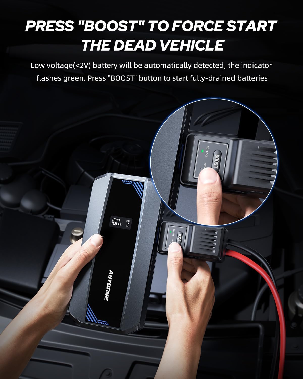 AUTOONE Car Jump Starter 5000A Battery Booster, Portable Battery Pack for All Gas 10L Diesel, 12V Jump Box with Smart Jumper Cable for Car Battery, UltraSafe Lithium Starter, LCD Display, w/LED Light