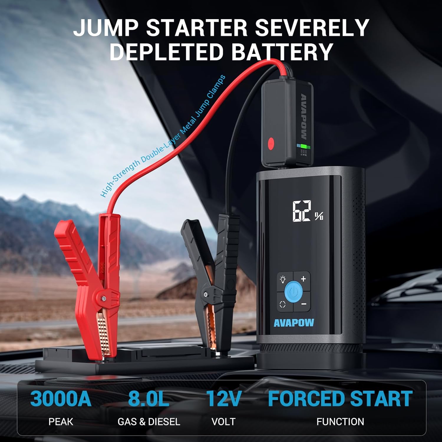 AVAPOW 1 Pcs 2000A (Gas 8L, Diesel 6.5L) Battery Jumper Starter Portable  1 Pcs AVAPOW JP3 3000A Jump Starter with Air Compressor, 150 PSI