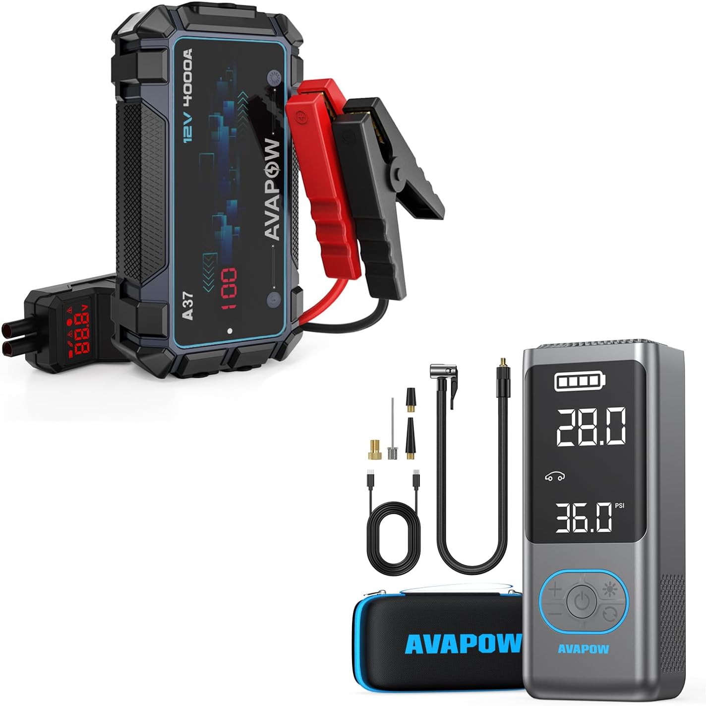 AVAPOW 1 Pcs 4000A (Gas 10L, Diesel 10L) Battery Jumper Starter Portable  1 Pcs AVAPOW AP18 Tire Inflator Portable Air Compressor