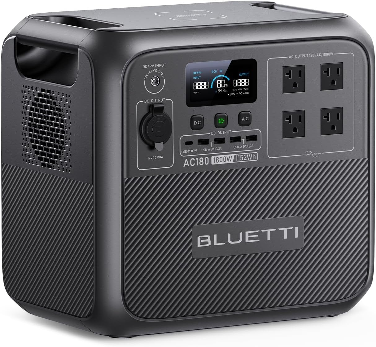 BLUETTI AC180 Portable Power Station, 1152Wh LiFePO4 Battery Backup w/ 4 1800W (2700W peak) AC Outlets, 0-80% in 45Min, Solar Generator for Camping, Off-grid, Power Outage