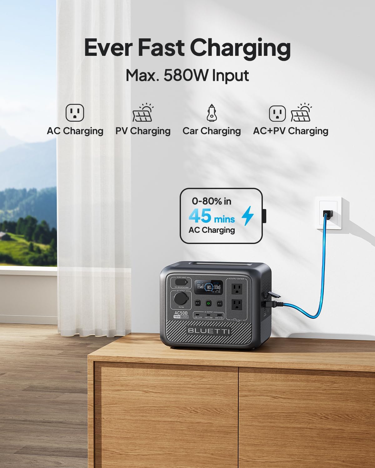 BLUETTI AC50B Portable Power Station, 448Wh LiFePO4 Battery Backup w/ 2 700W AC Outlets (Power Lifting 1000W), 0-80% in 45 Min., Solar Generator for Camping, Road Trip, Outage (Solar Panel Optional)